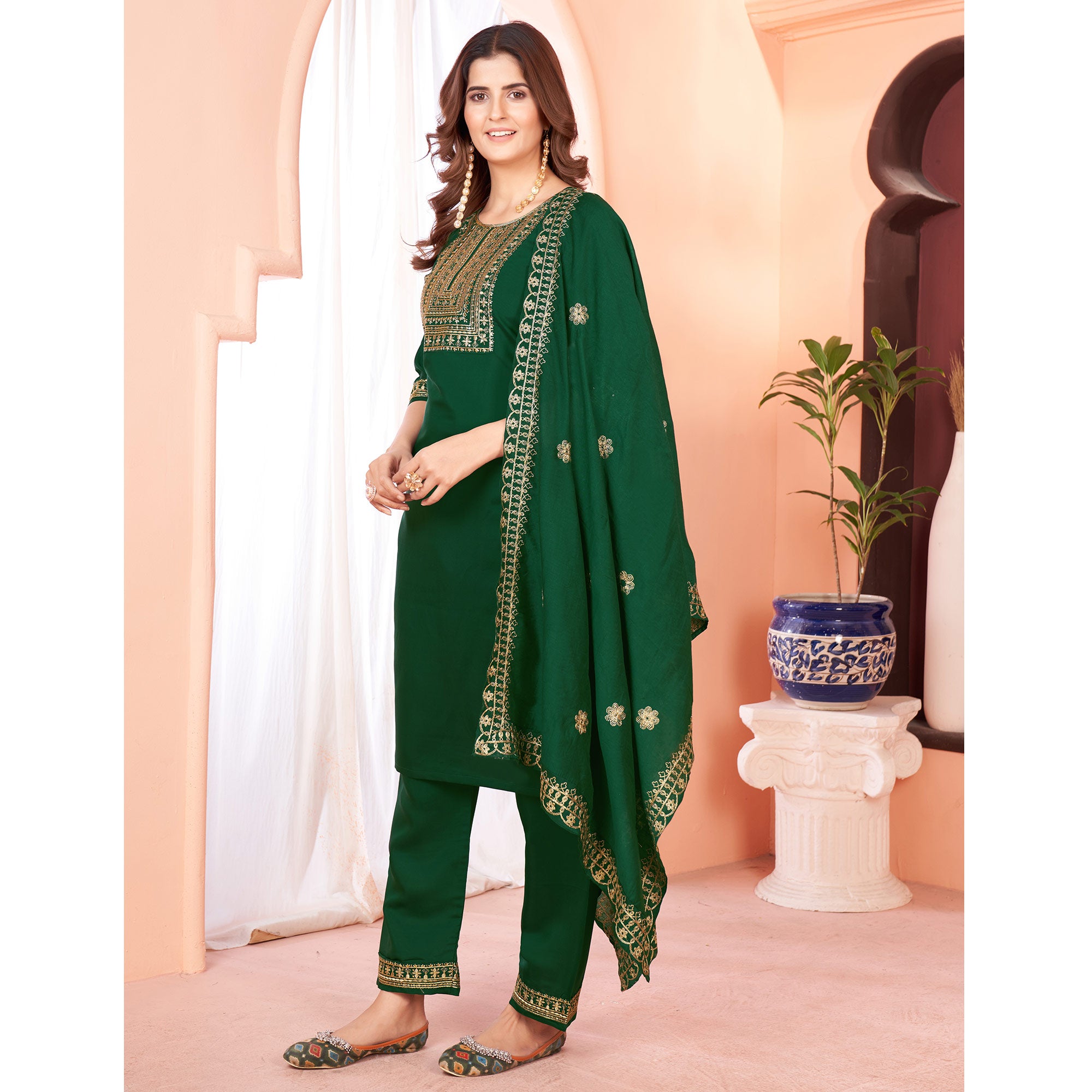 Green Sequins Embroidered Viscose Salwar Suit