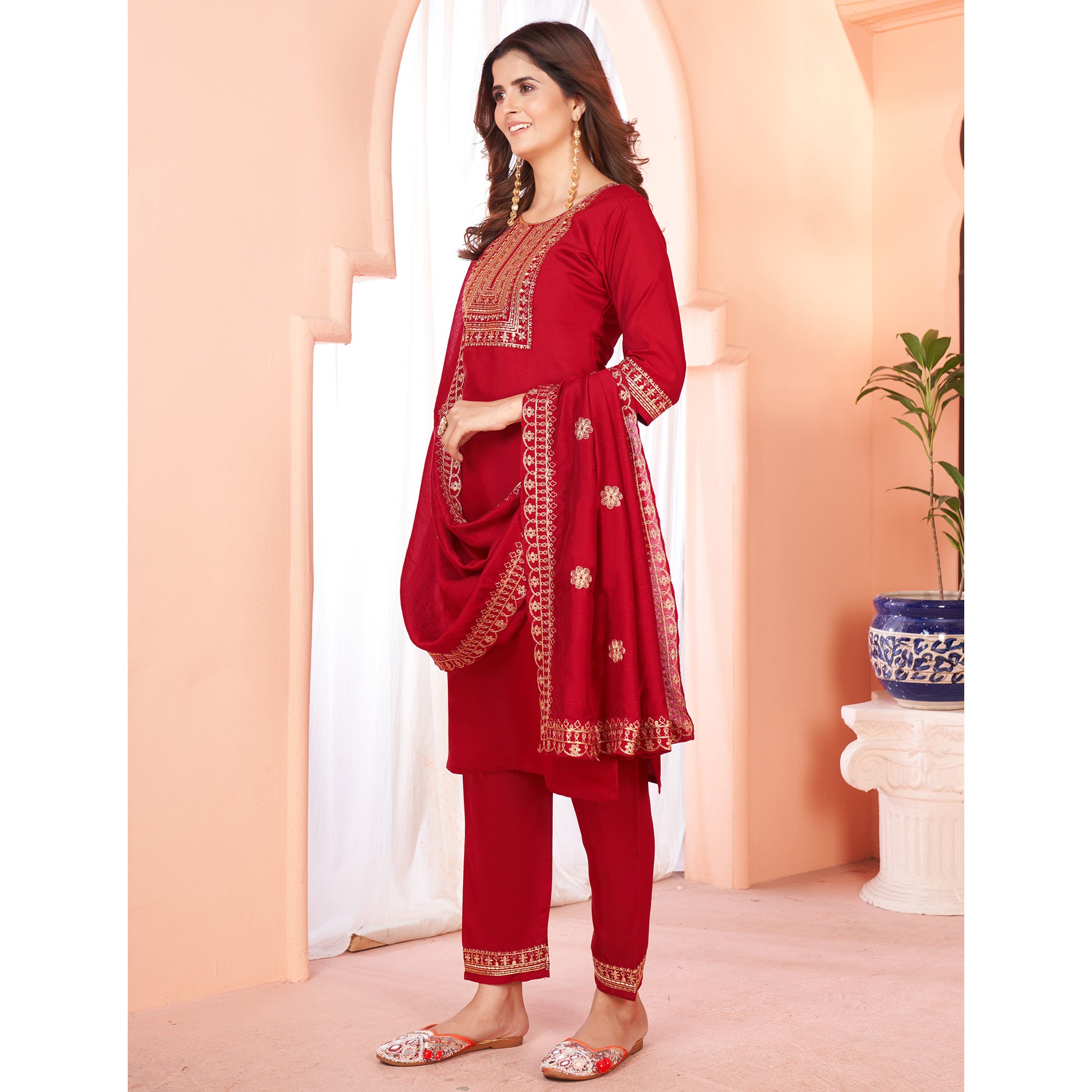 Maroon Sequins Embroidered Viscose Salwar Suit