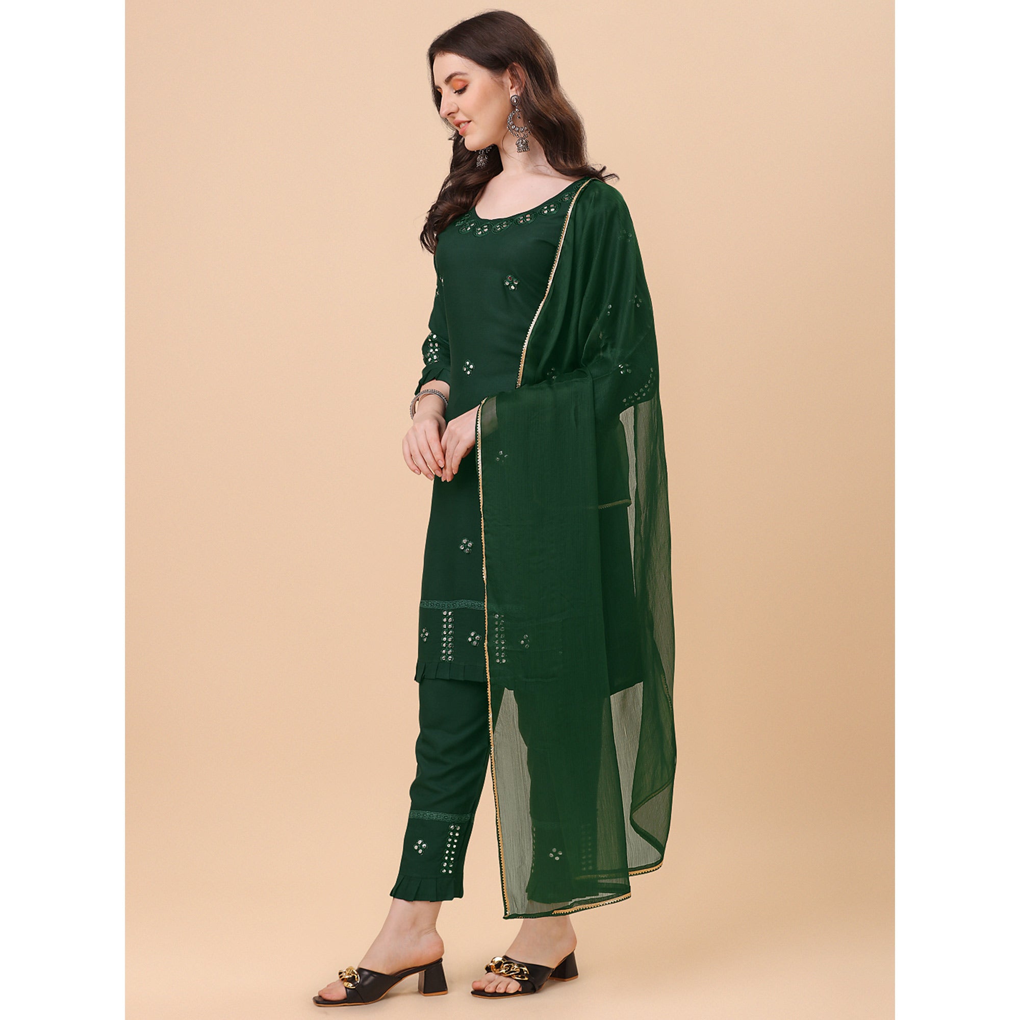 Green Embroidered Rayon Salwar Suit