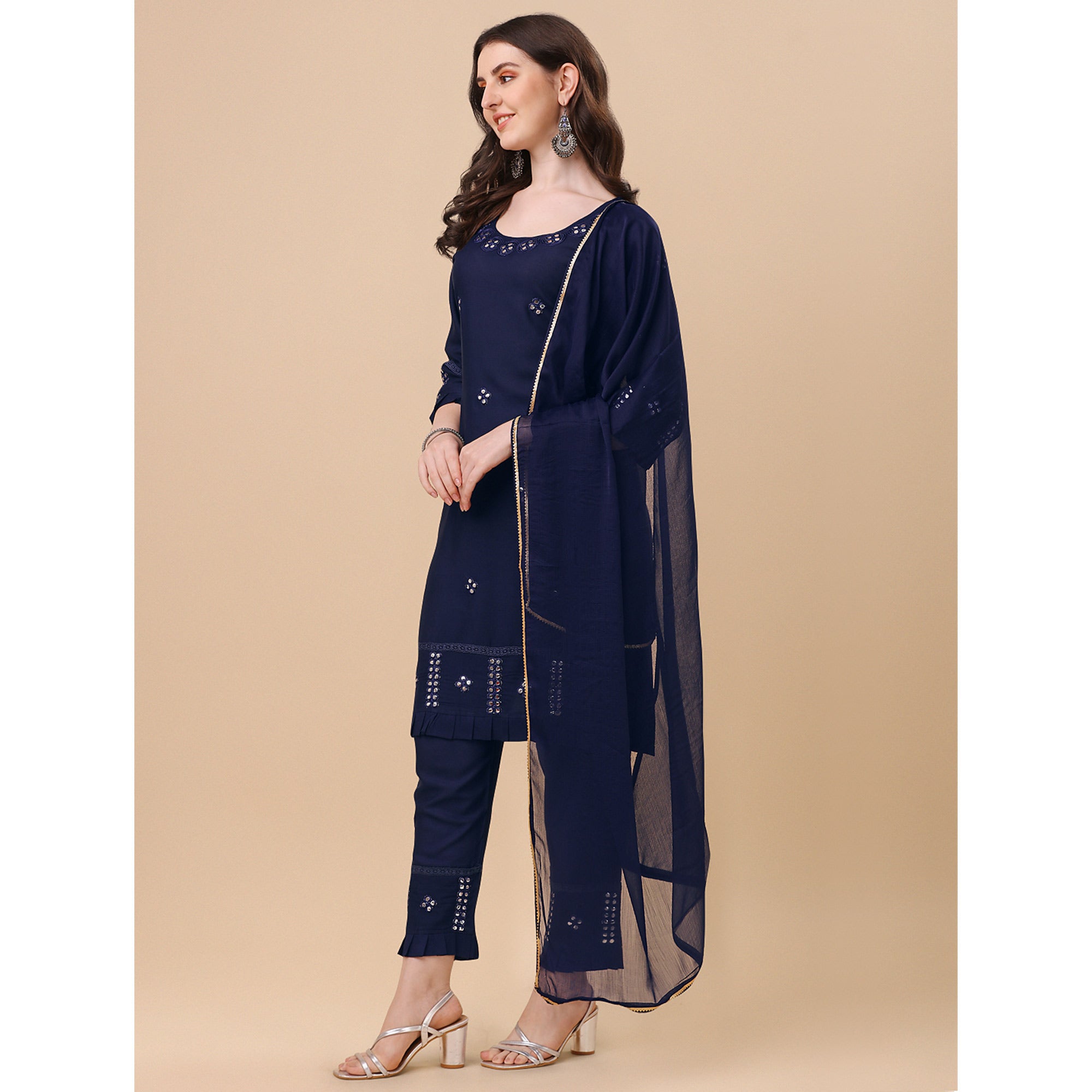 Navy Blue Embroidered Rayon Salwar Suit