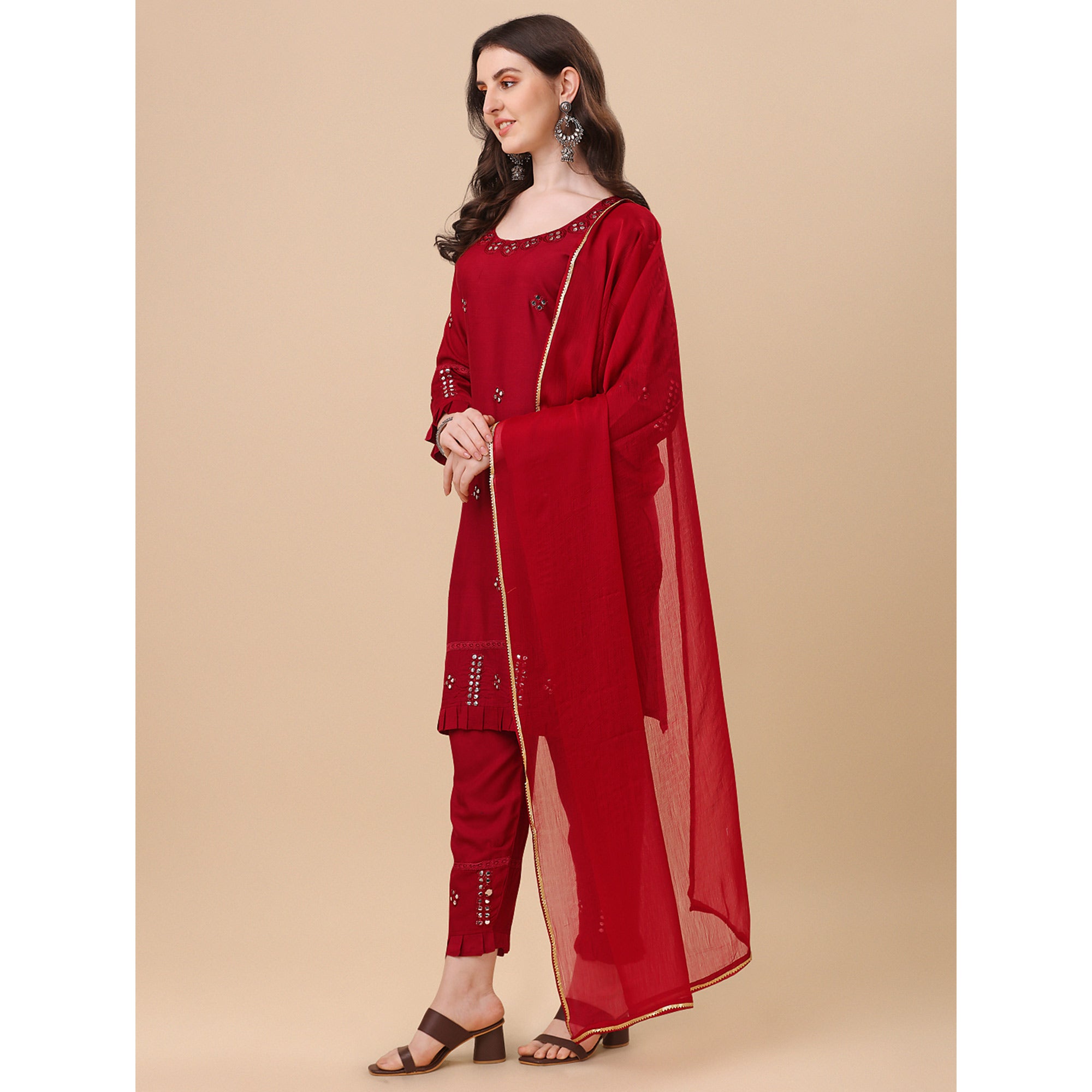 Red Embroidered Rayon Salwar Suit