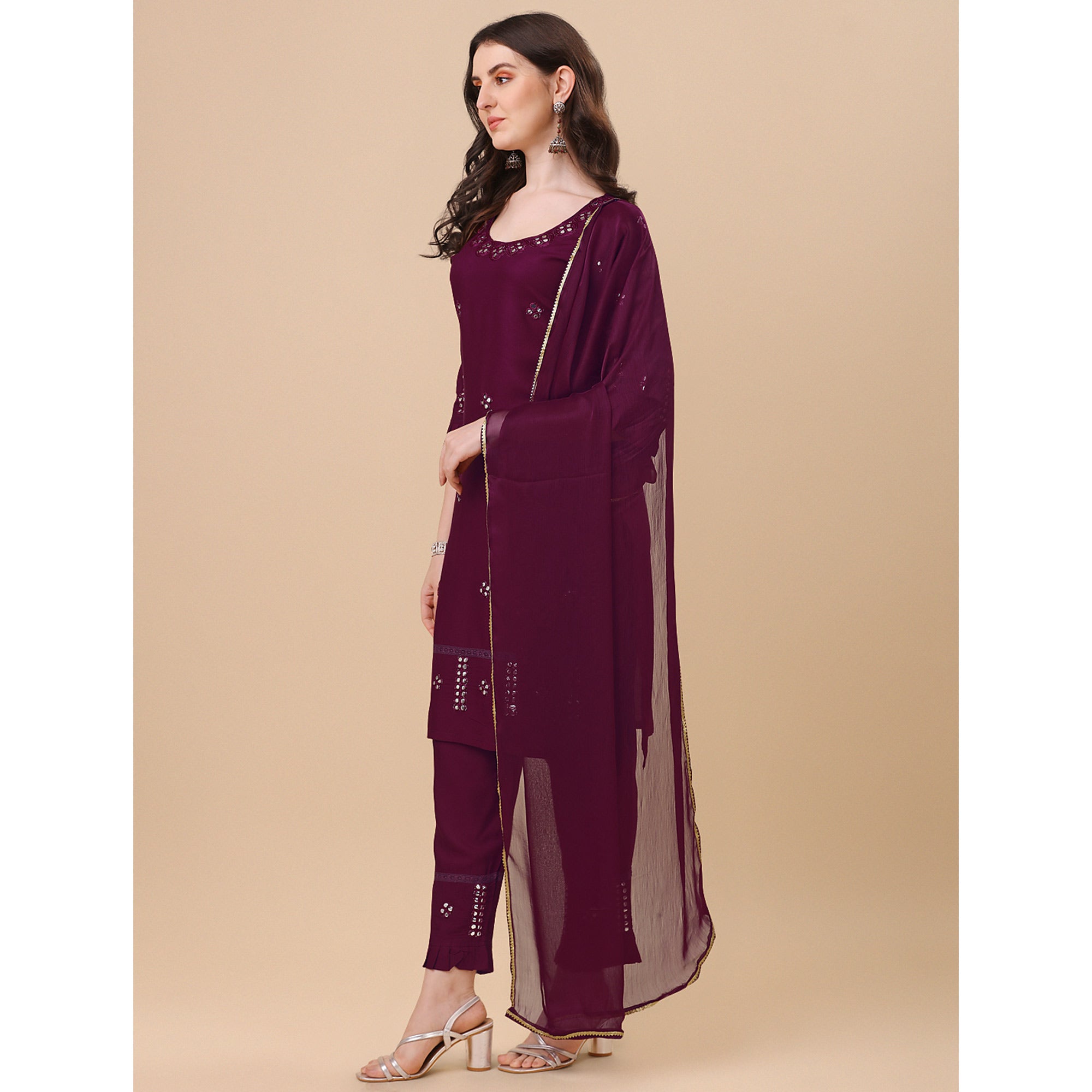 Wine Embroidered Rayon Salwar Suit