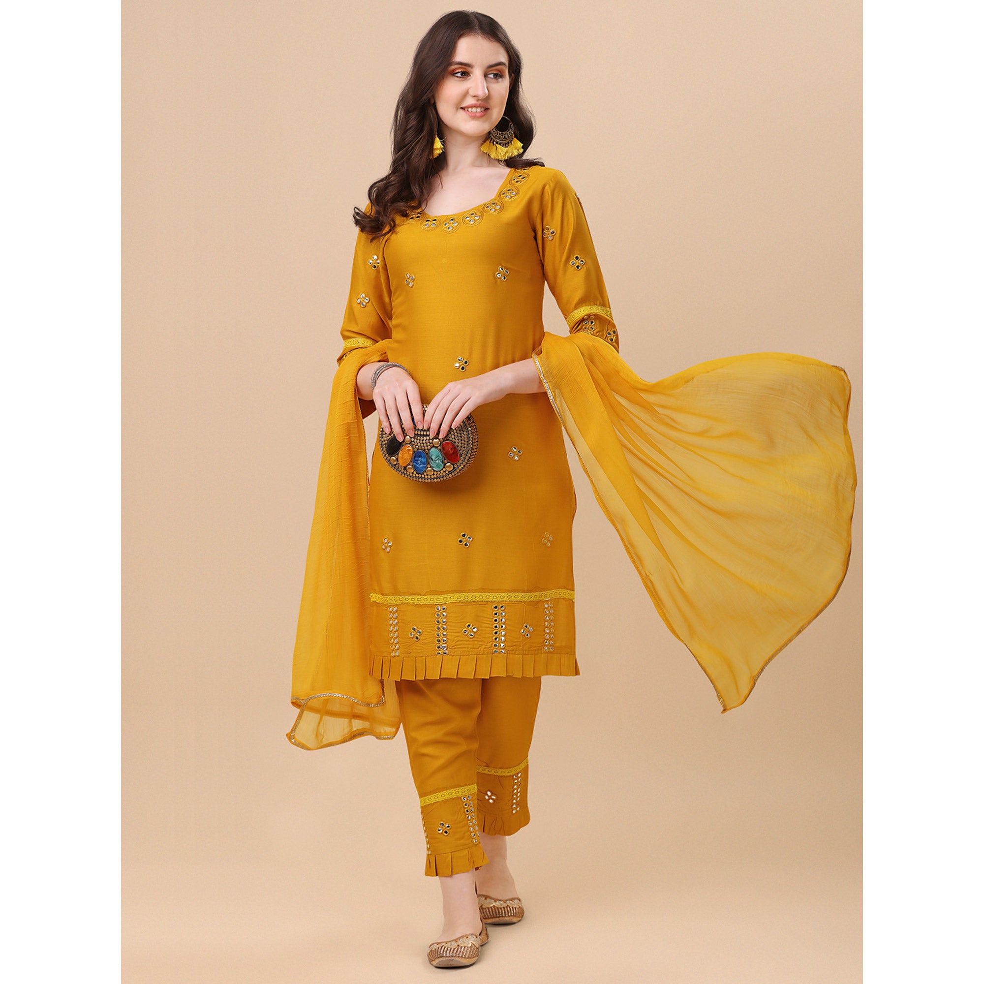 Yellow Embroidered Rayon Salwar Suit