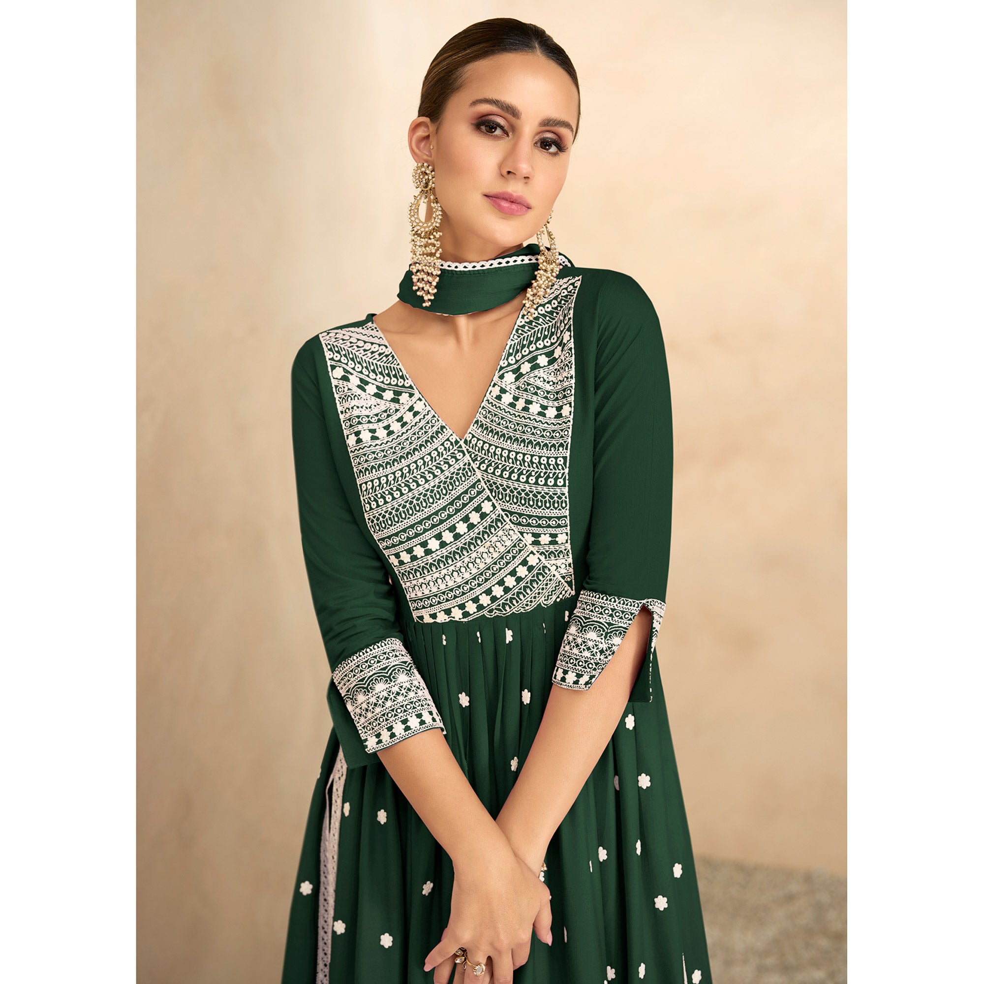 Green Lucknowi Work Rayon Naira Cut Suit