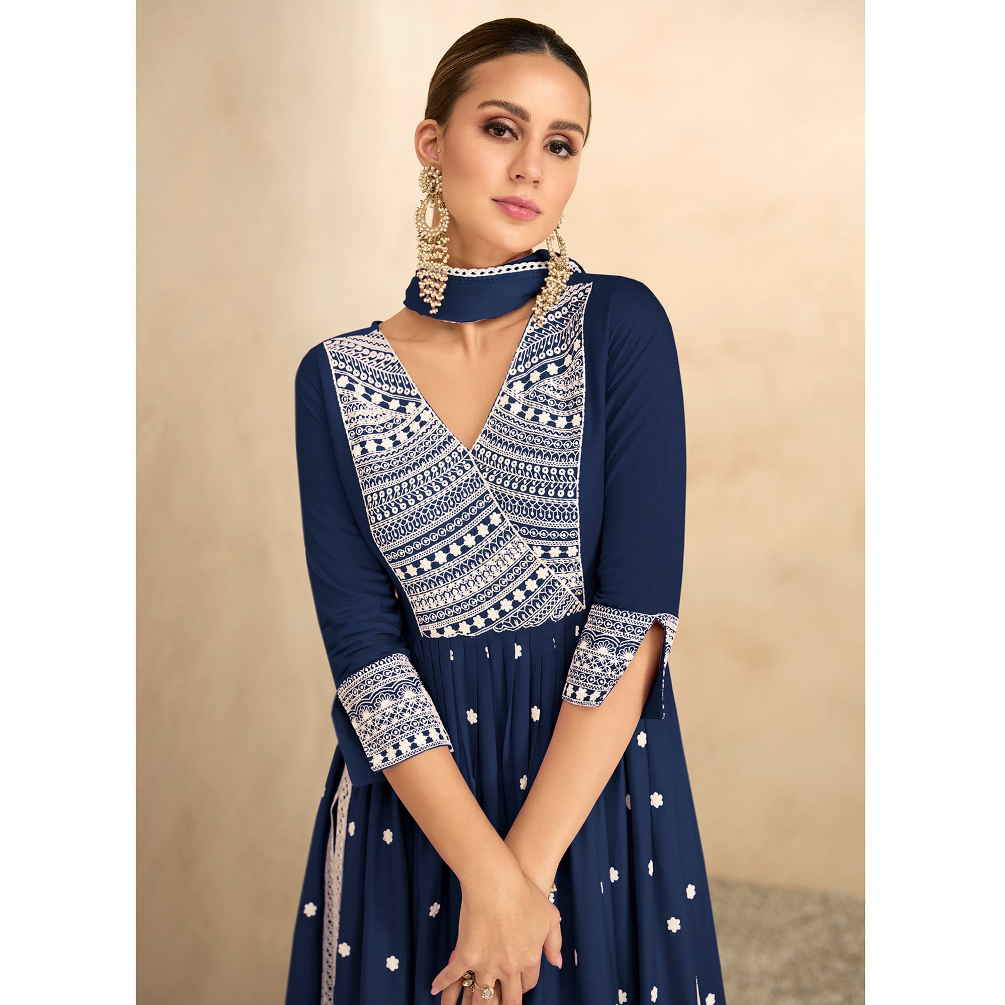 Blue Lucknowi Work Rayon Naira Cut Suit