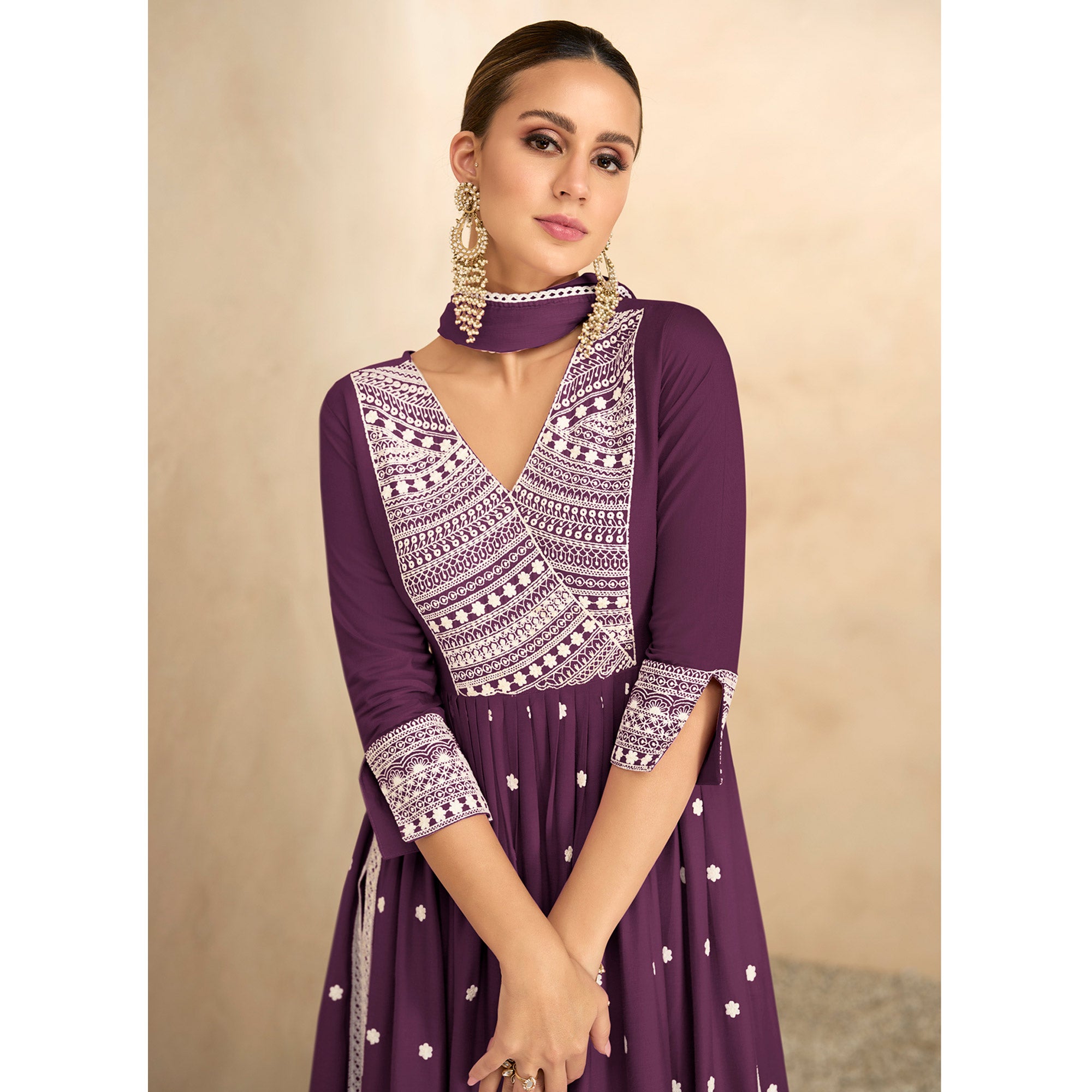 Wine Lucknowi Work Rayon Naira Cut Suit