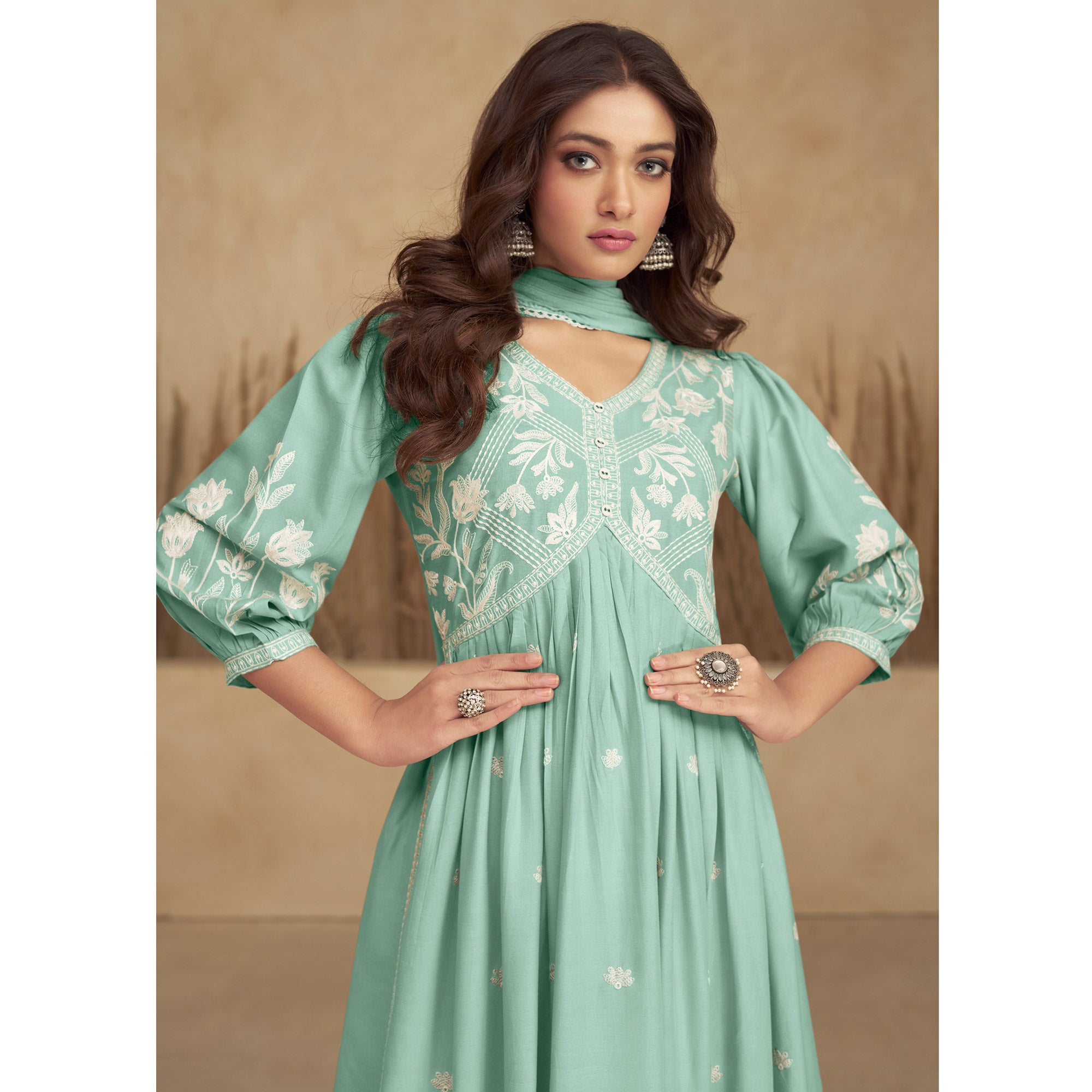 Turquoise Lucknowi Embroidered Rayon Alia Cut Suit