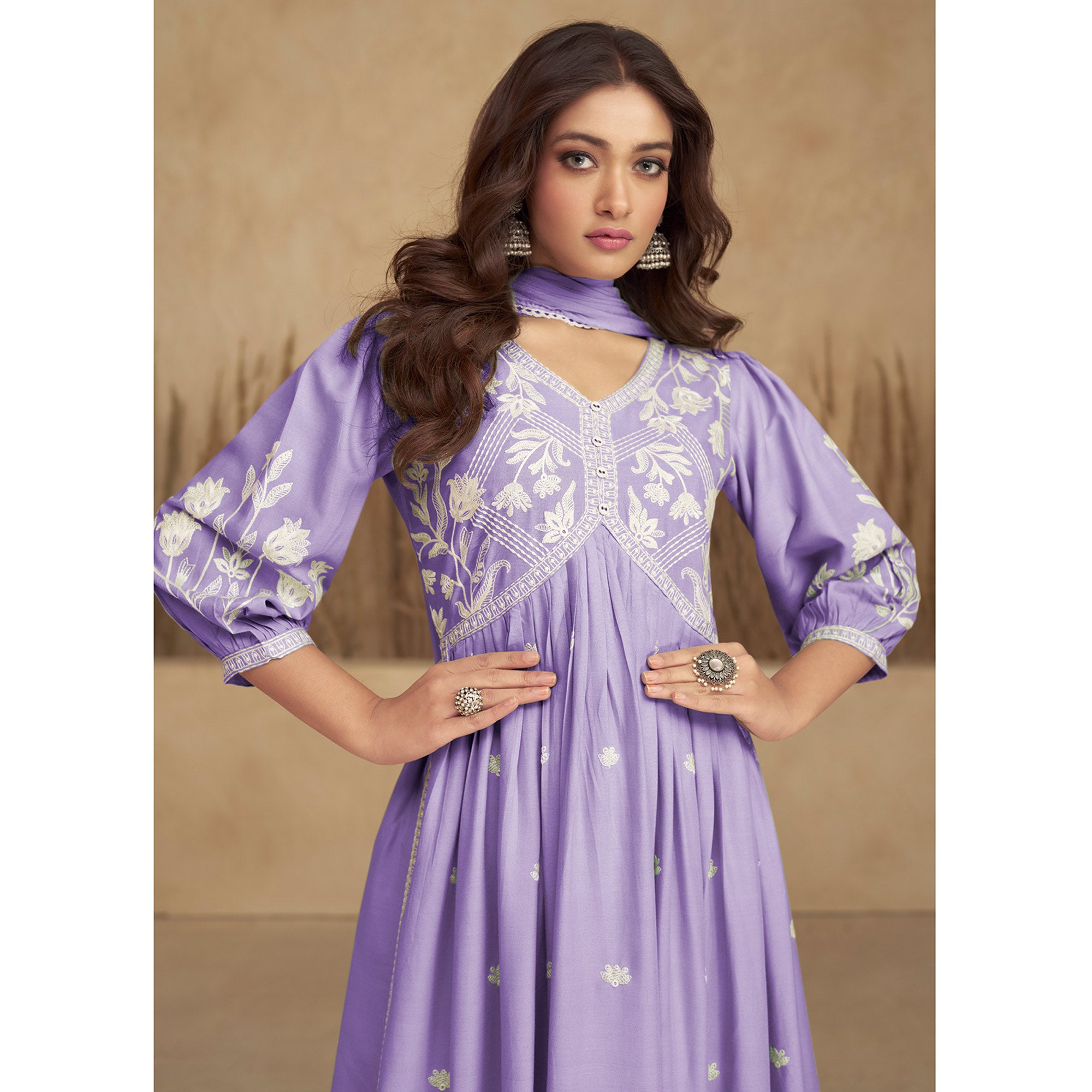 Purple Lucknowi Embroidered Rayon Alia Cut Suit
