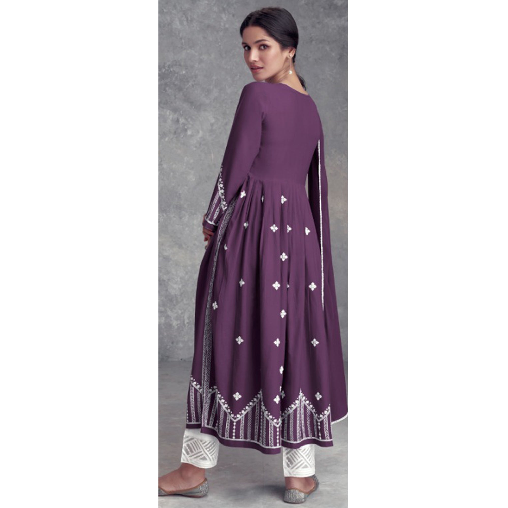 Wine Lucknowi Embroidered Rayon Naira Cut Suit