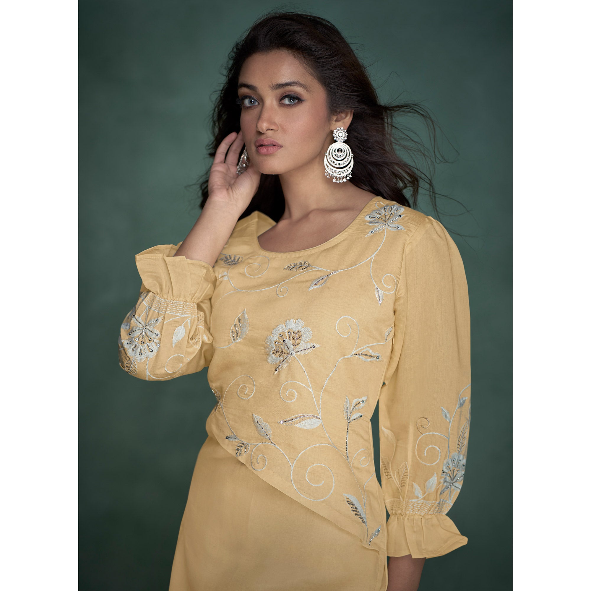 Yellow Floral Embroidered With Handwork Viscose Co Ord Set