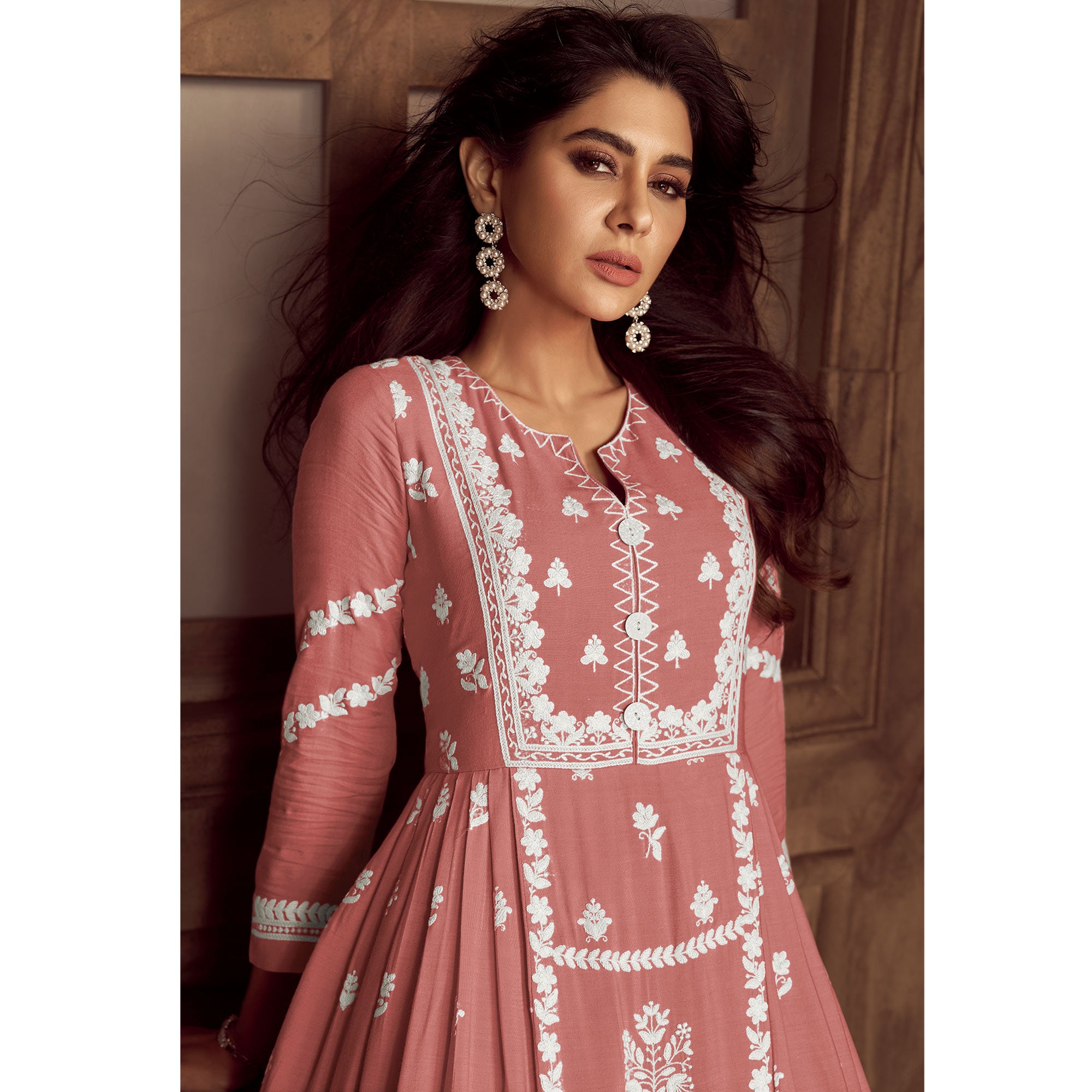 Peach Lucknowi Embroidered Rayon Palazzo Suit