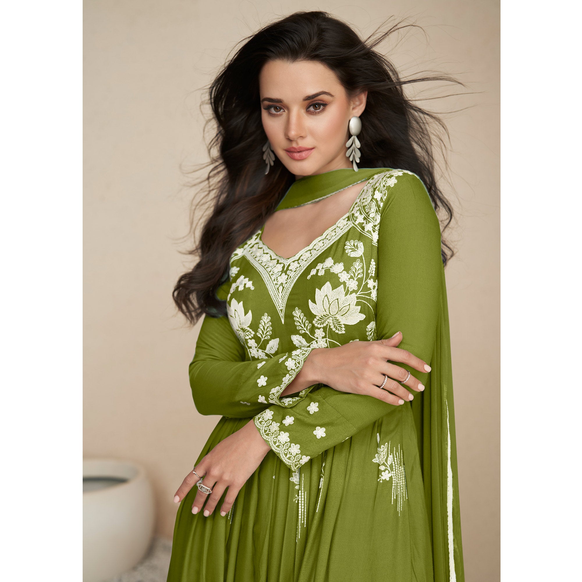 Green Lucknowi Embroidered Rayon Palazzo Suit