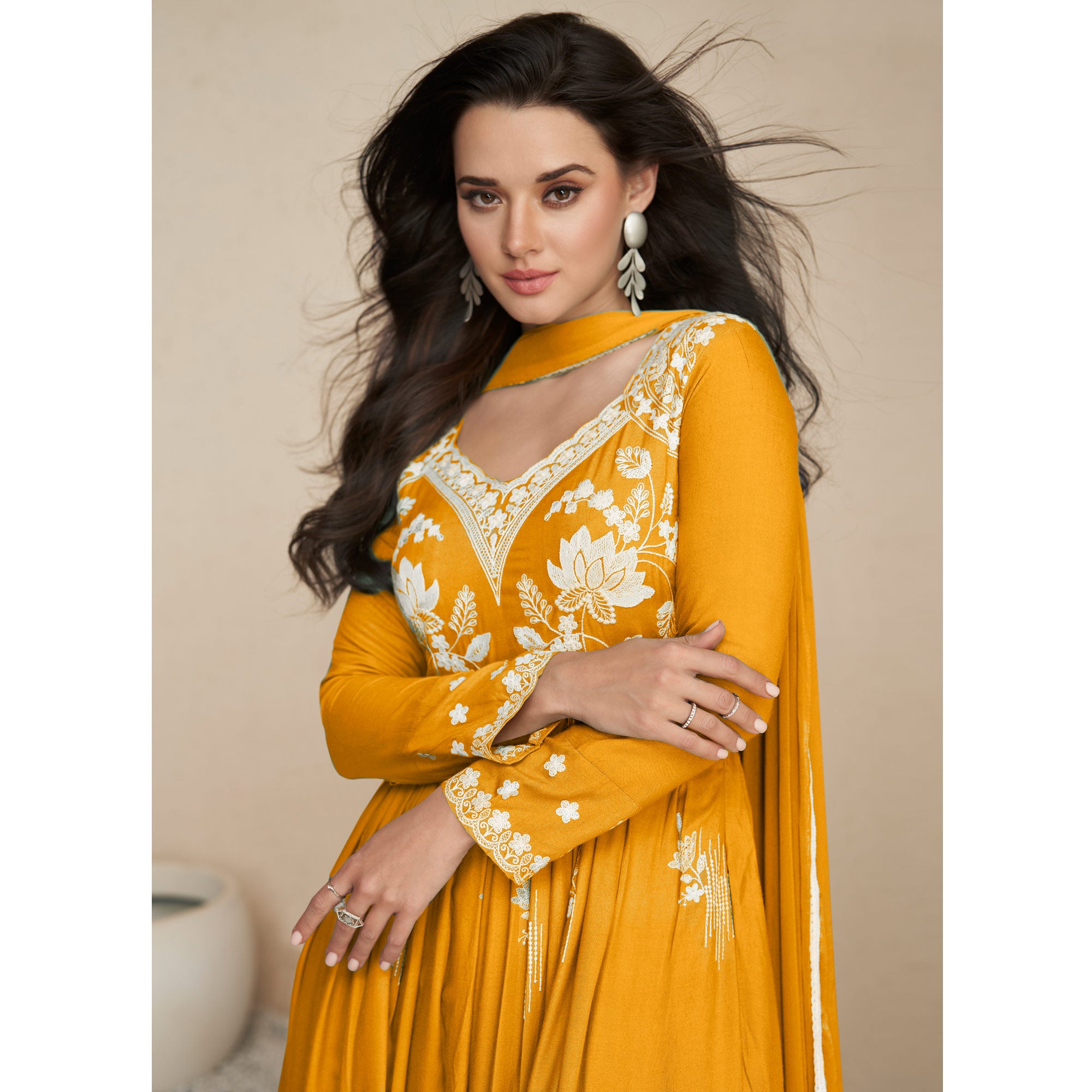 Mustard Lucknowi Embroidered Rayon Palazzo Suit