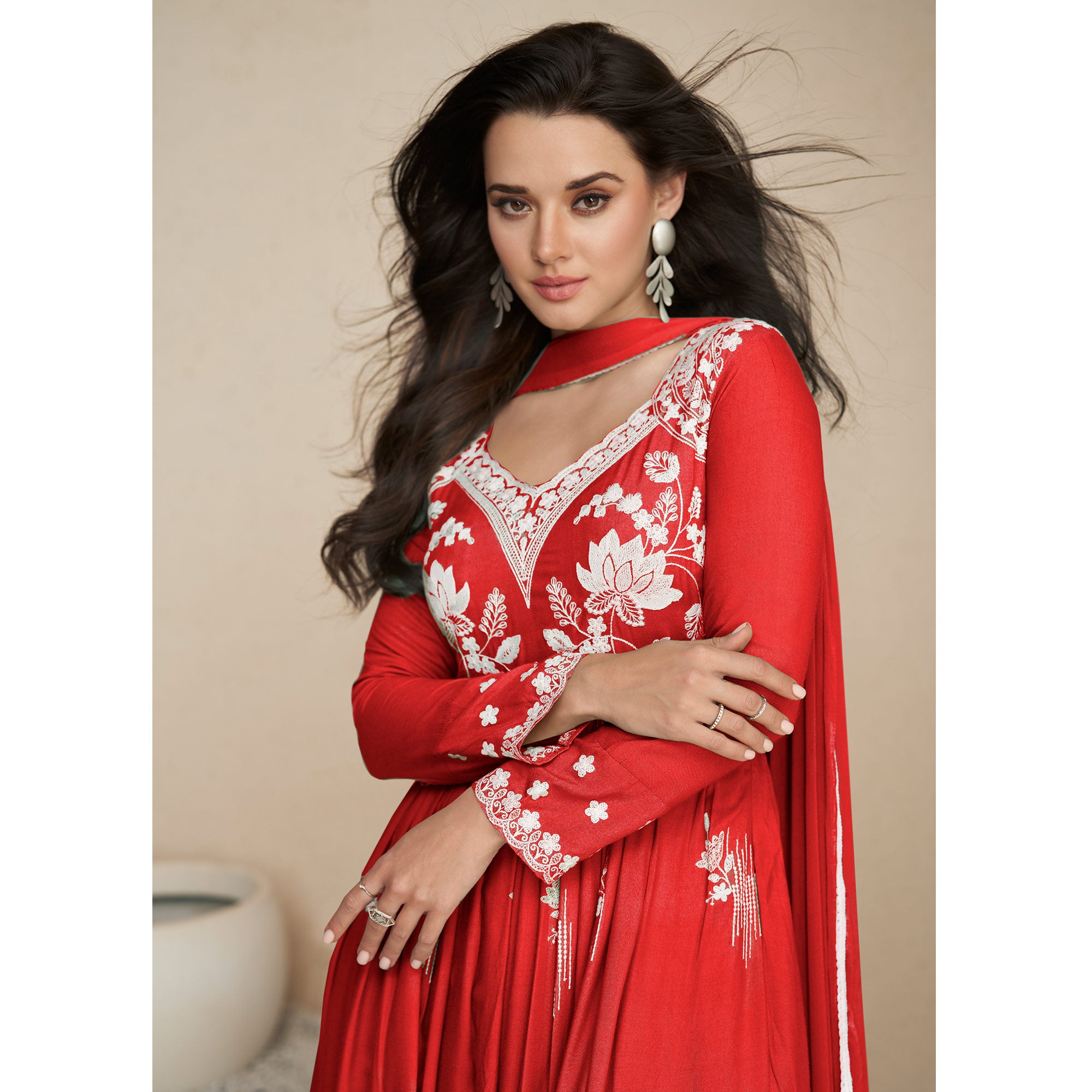 Red Lucknowi Embroidered Rayon Palazzo Suit