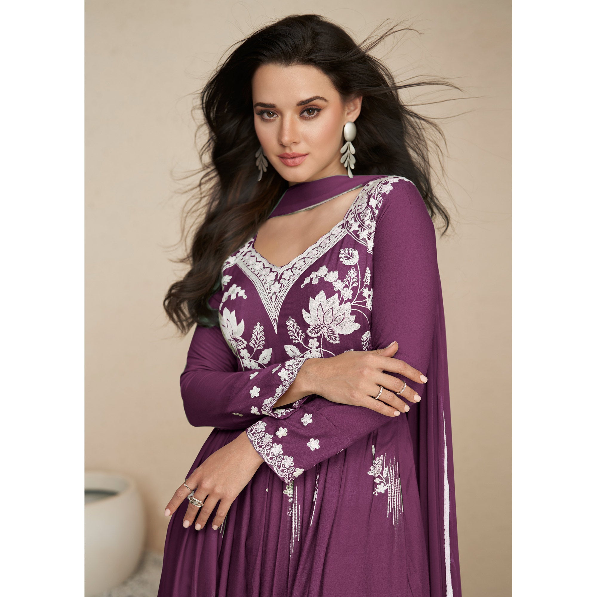 Wine Lucknowi Embroidered Rayon Palazzo Suit