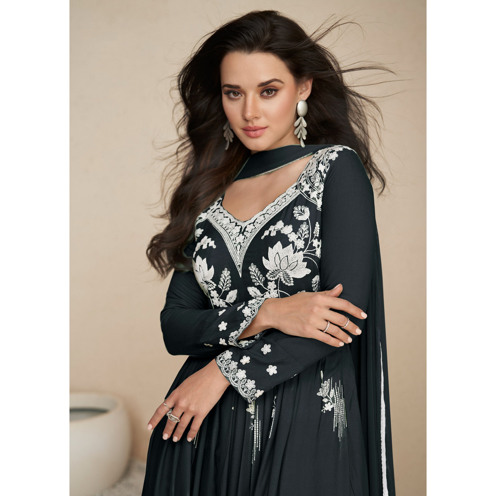 Black Lucknowi Embroidered Rayon Palazzo Suit