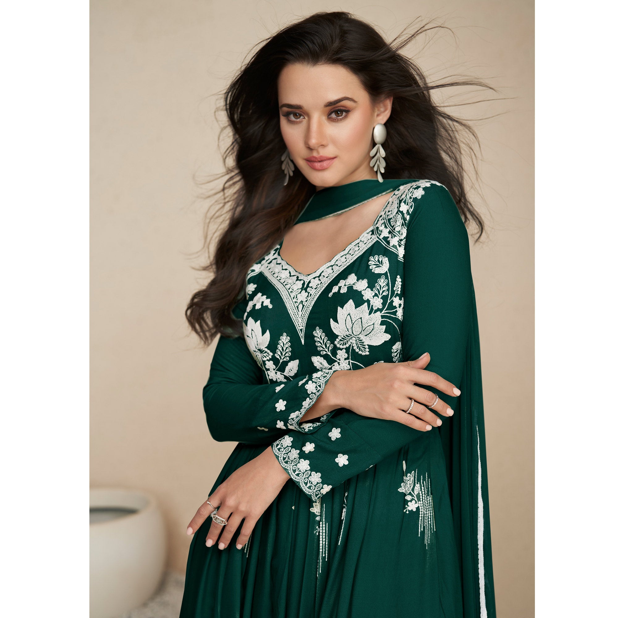 Green Lucknowi Embroidered Rayon Palazzo Suit