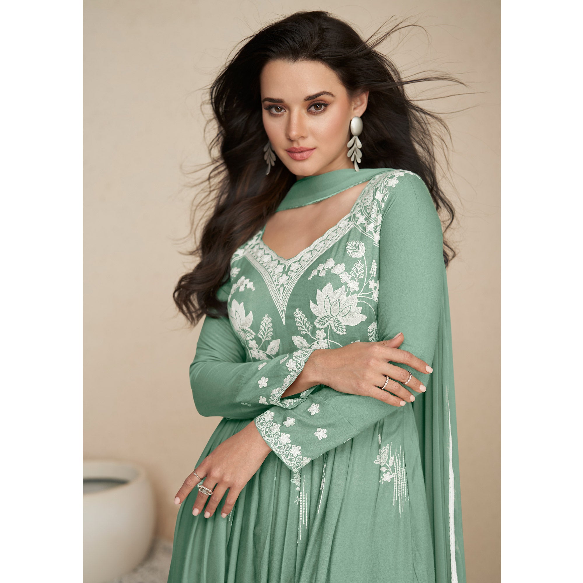 Green Lucknowi Embroidered Rayon Palazzo Suit