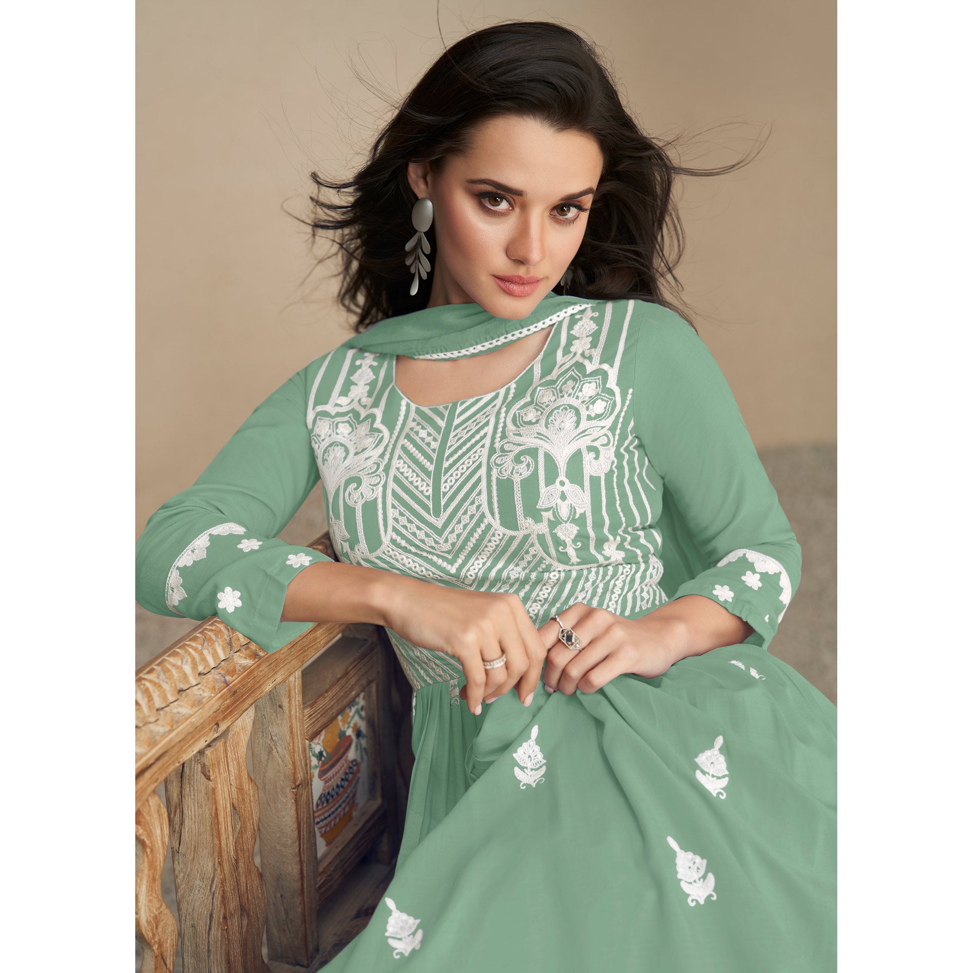 Green Lucknowi Embroidered Rayon Palazzo Suit