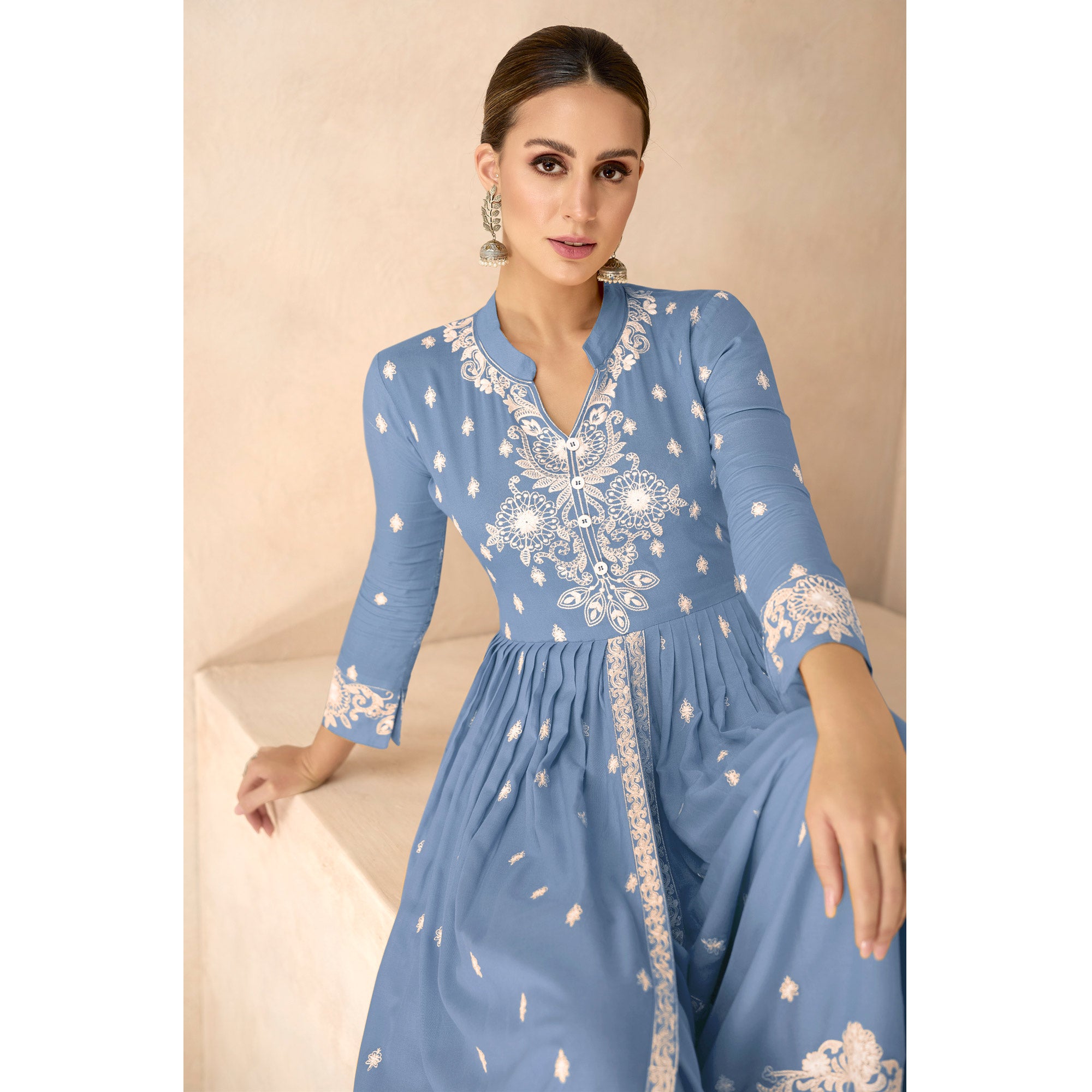 Blue Floral Embroidered Rayon Palazzo Suit