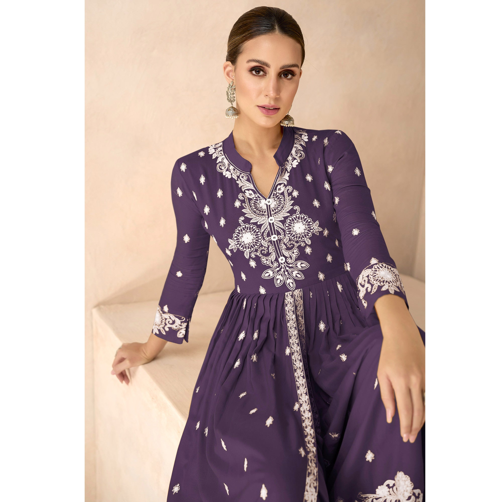 Purple Floral Embroidered Rayon Palazzo Suit