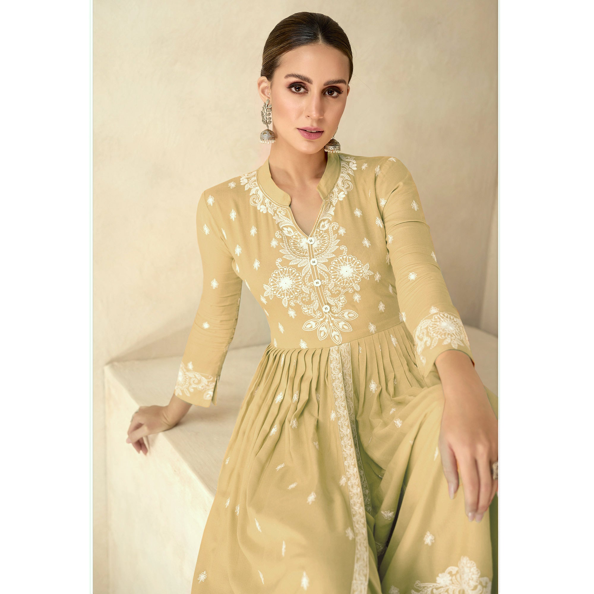 Yellow Floral Embroidered Rayon Palazzo Suit