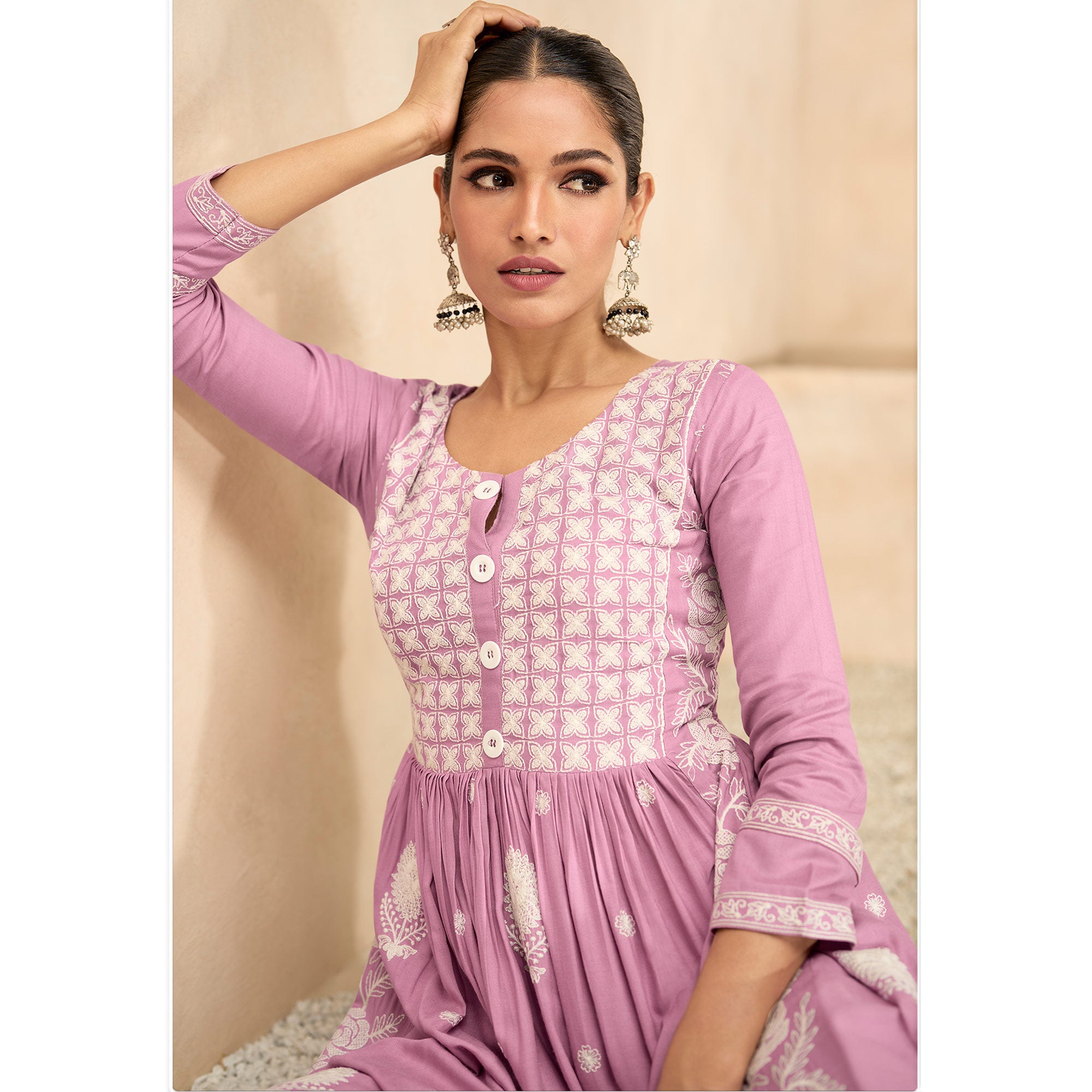 Pink Floral Embroidered Rayon Palazzo Suit