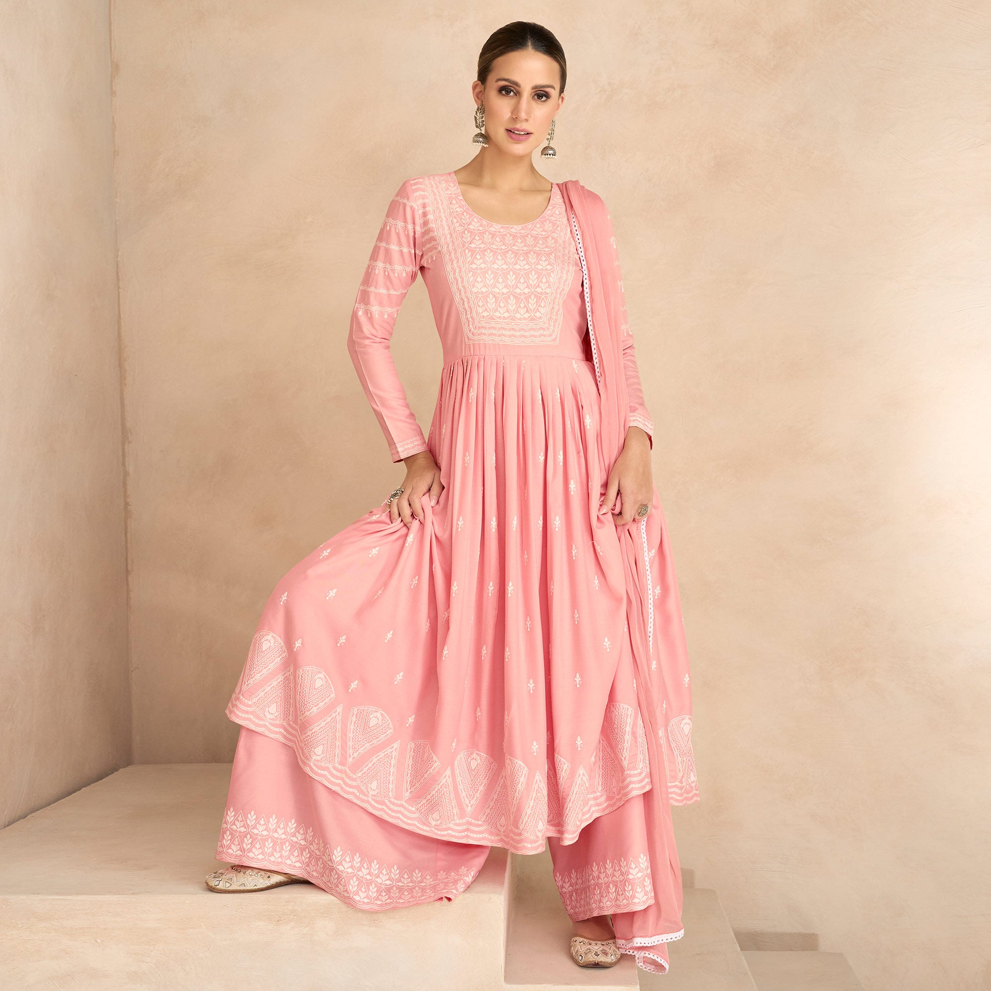 Pink Floral Embroidered Rayon Palazzo Suit