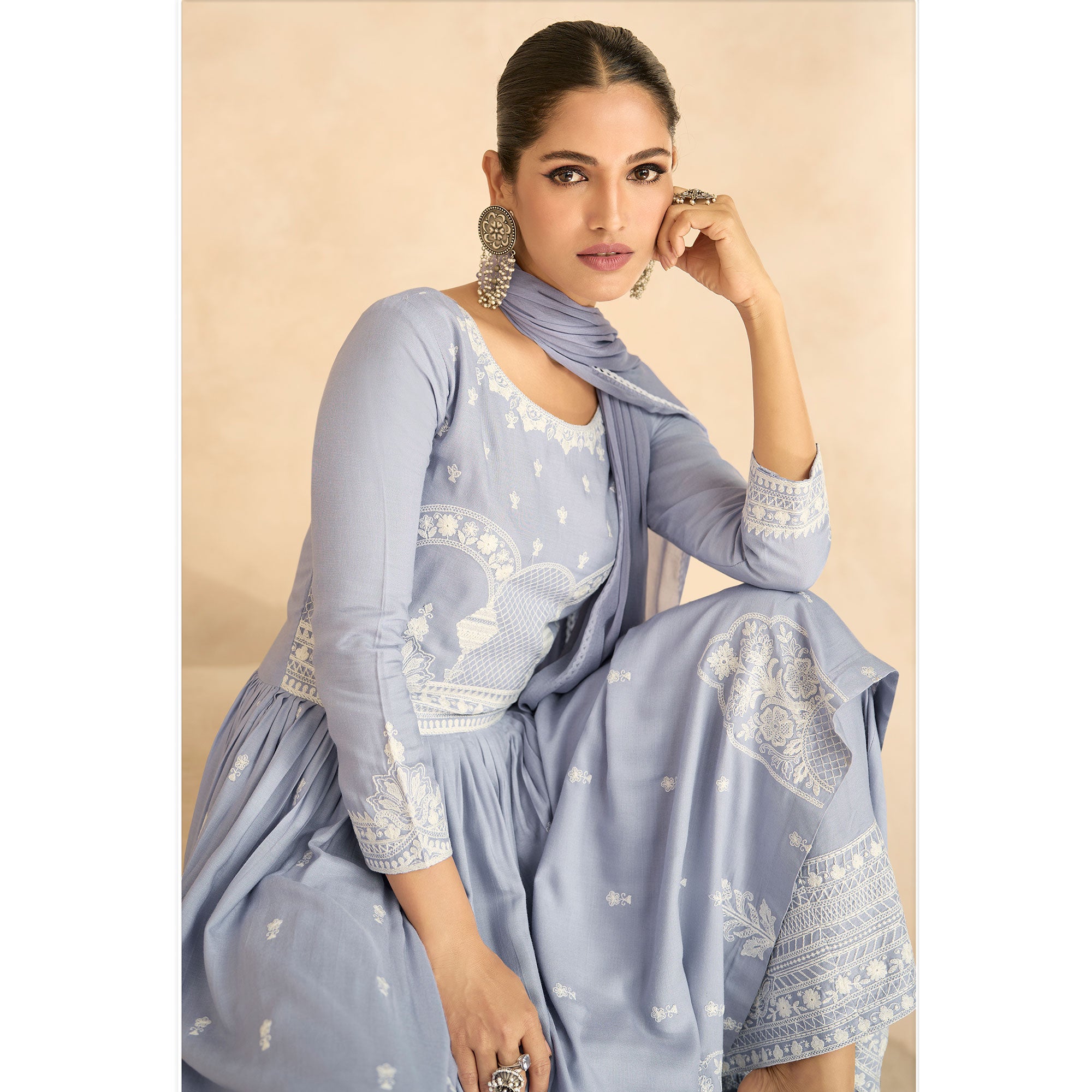 Light Purple Floral Embroidered Rayon Palazzo Suit