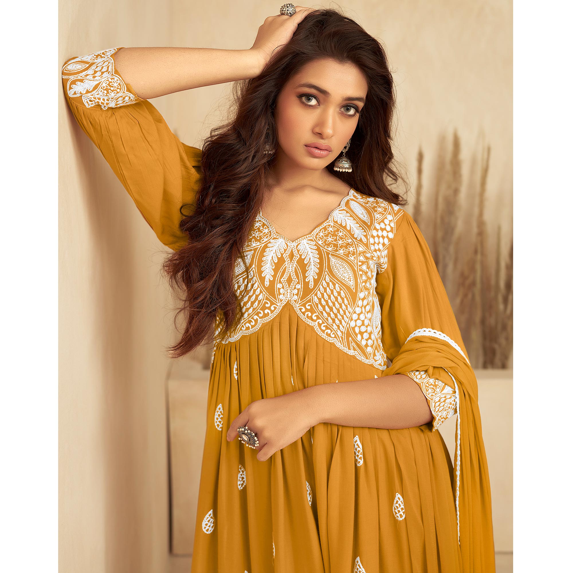Mustard Floral Embroidered Rayon Suit