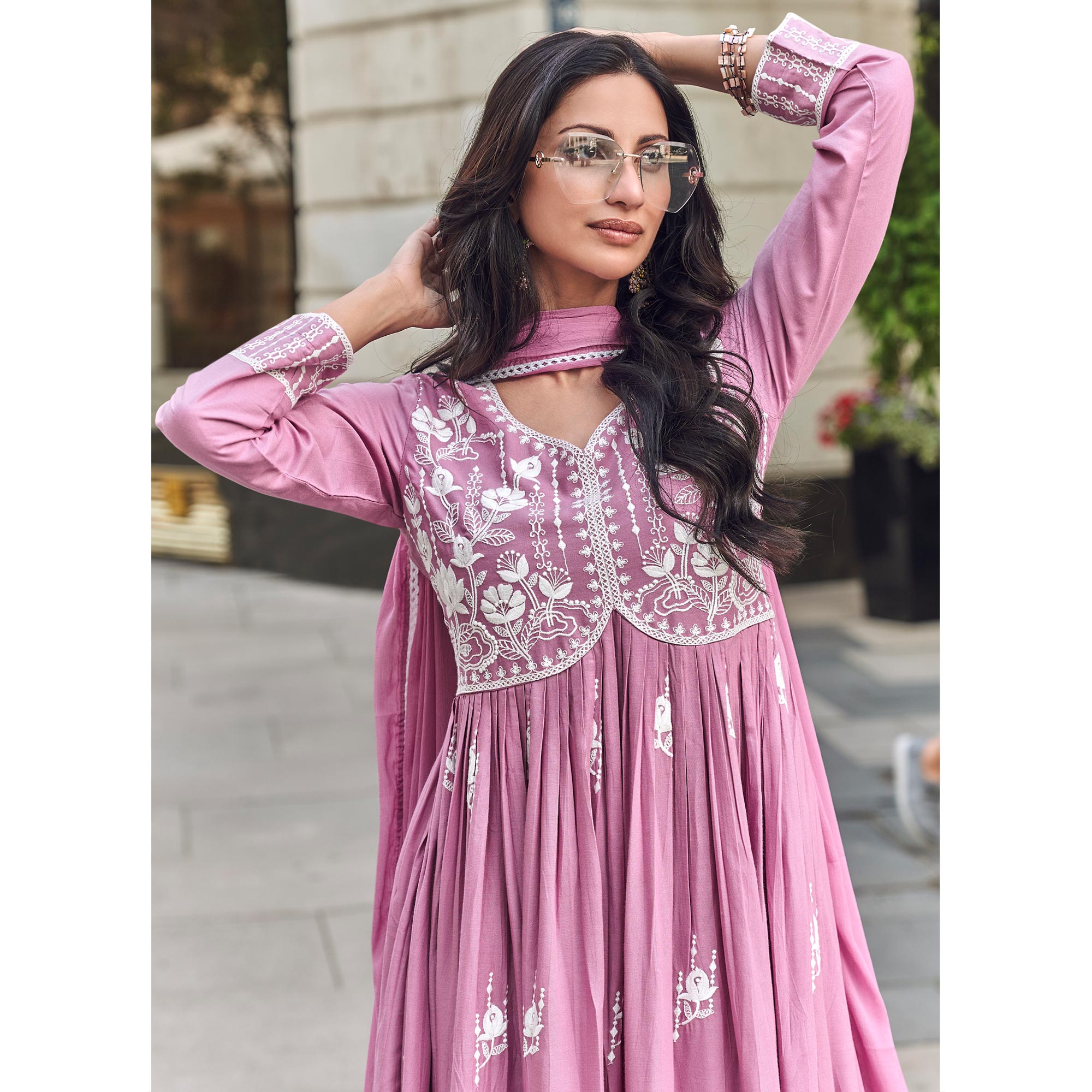 Pink Lucknowi Embroidered Rayon Palazzo Suit