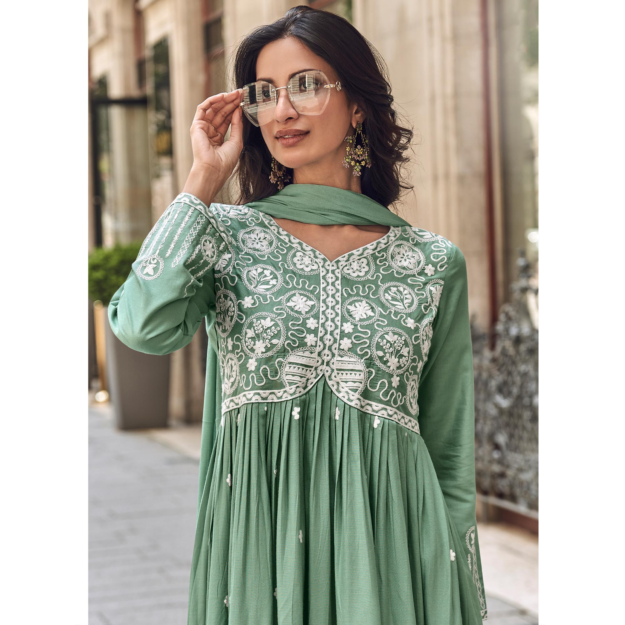 Dusty Green Lucknowi Embroidered Rayon Palazzo Suit