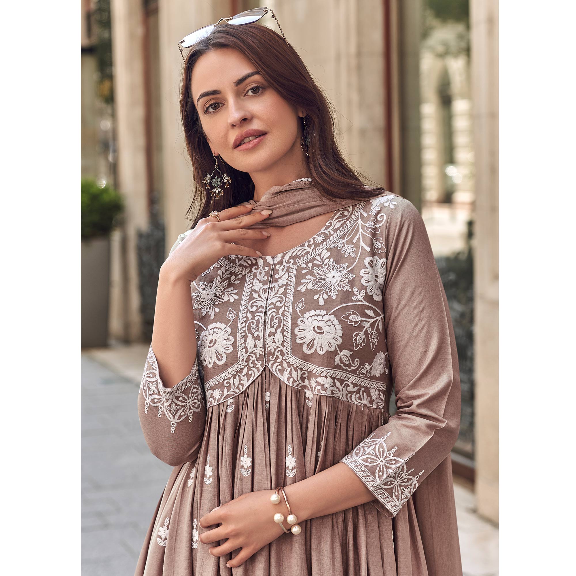 Beige Lucknowi Embroidered Rayon Palazzo Suit