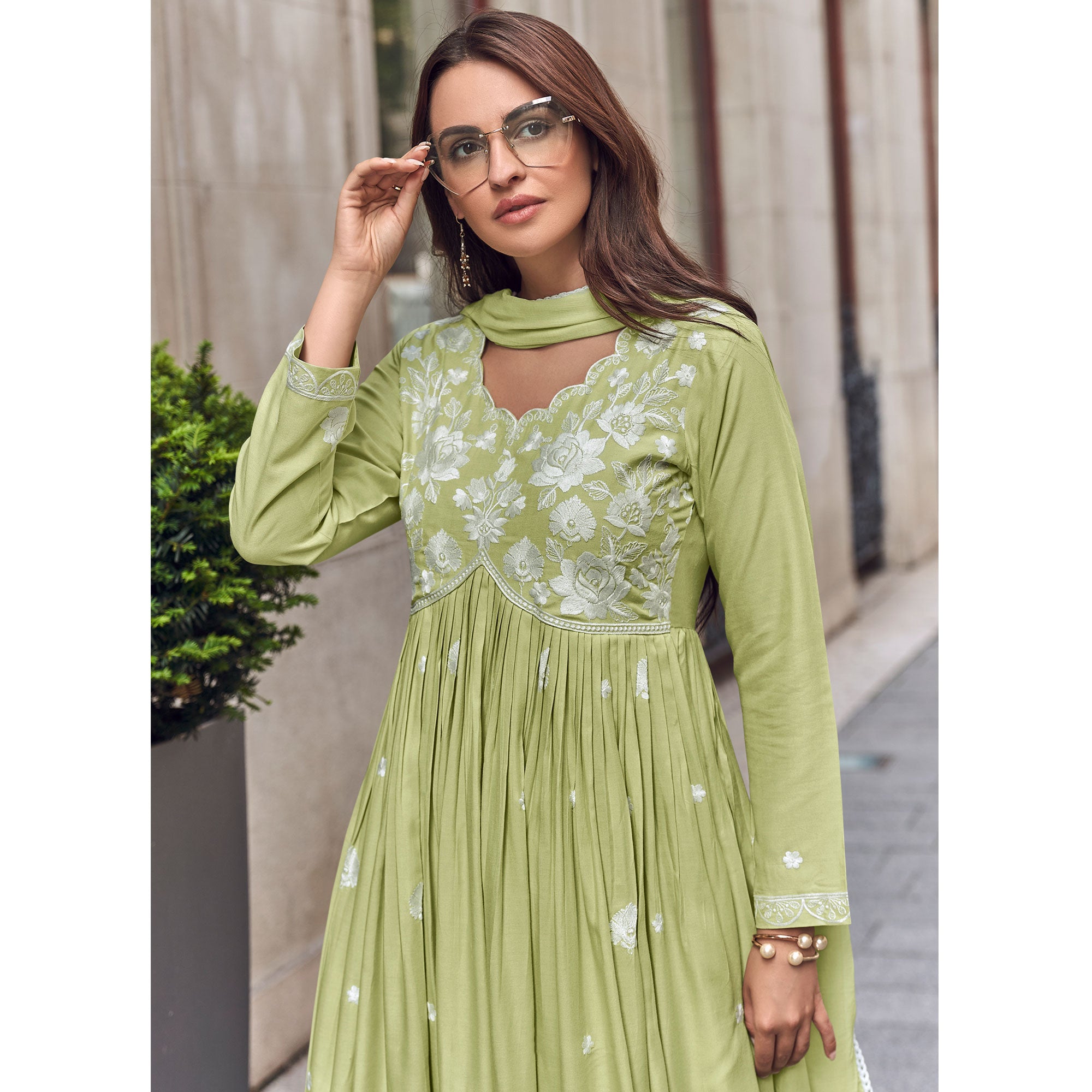 Light Green Lucknowi Embroidered Rayon Palazzo Suit