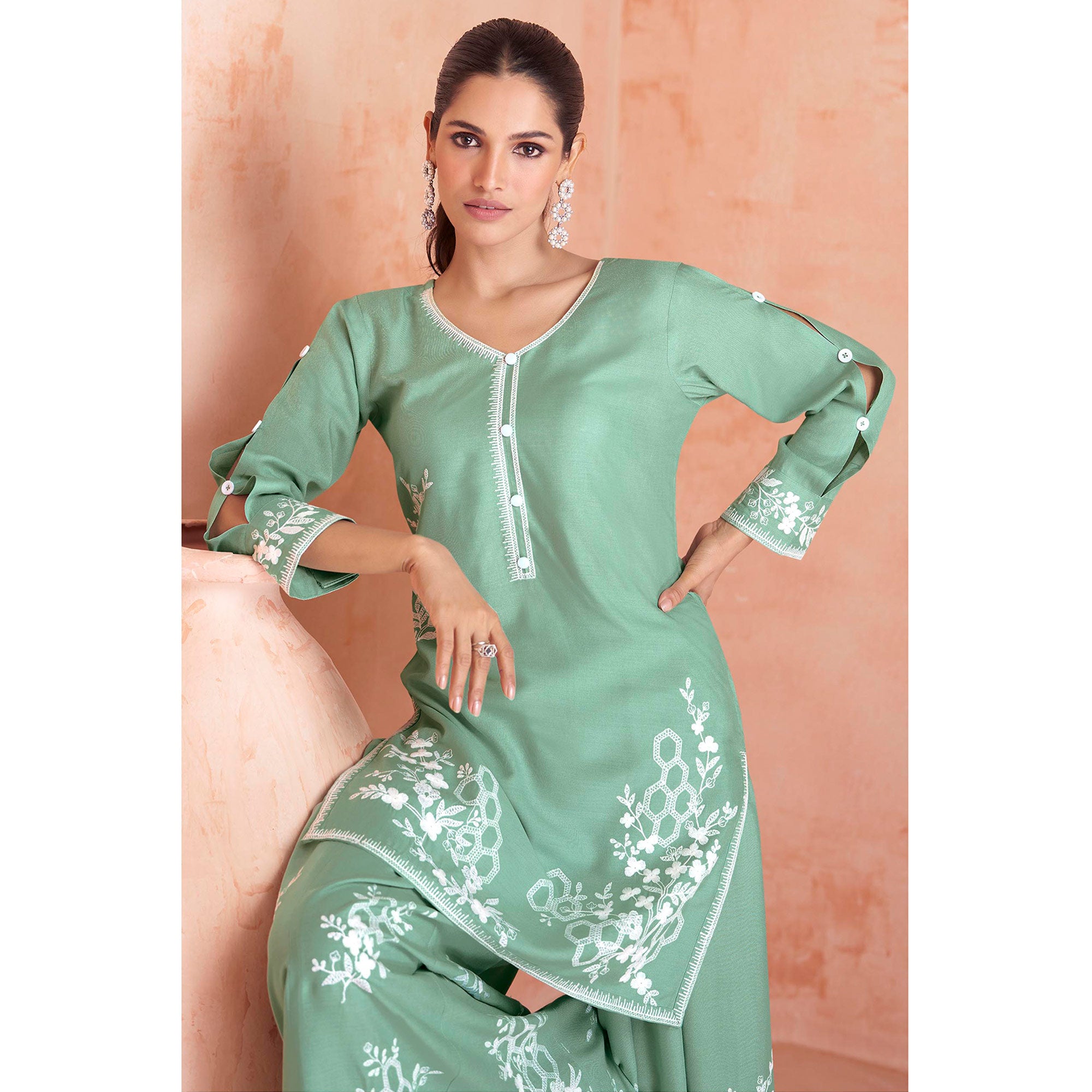 Green Floral Embroidered Rayon Kurti Palazzo Suit