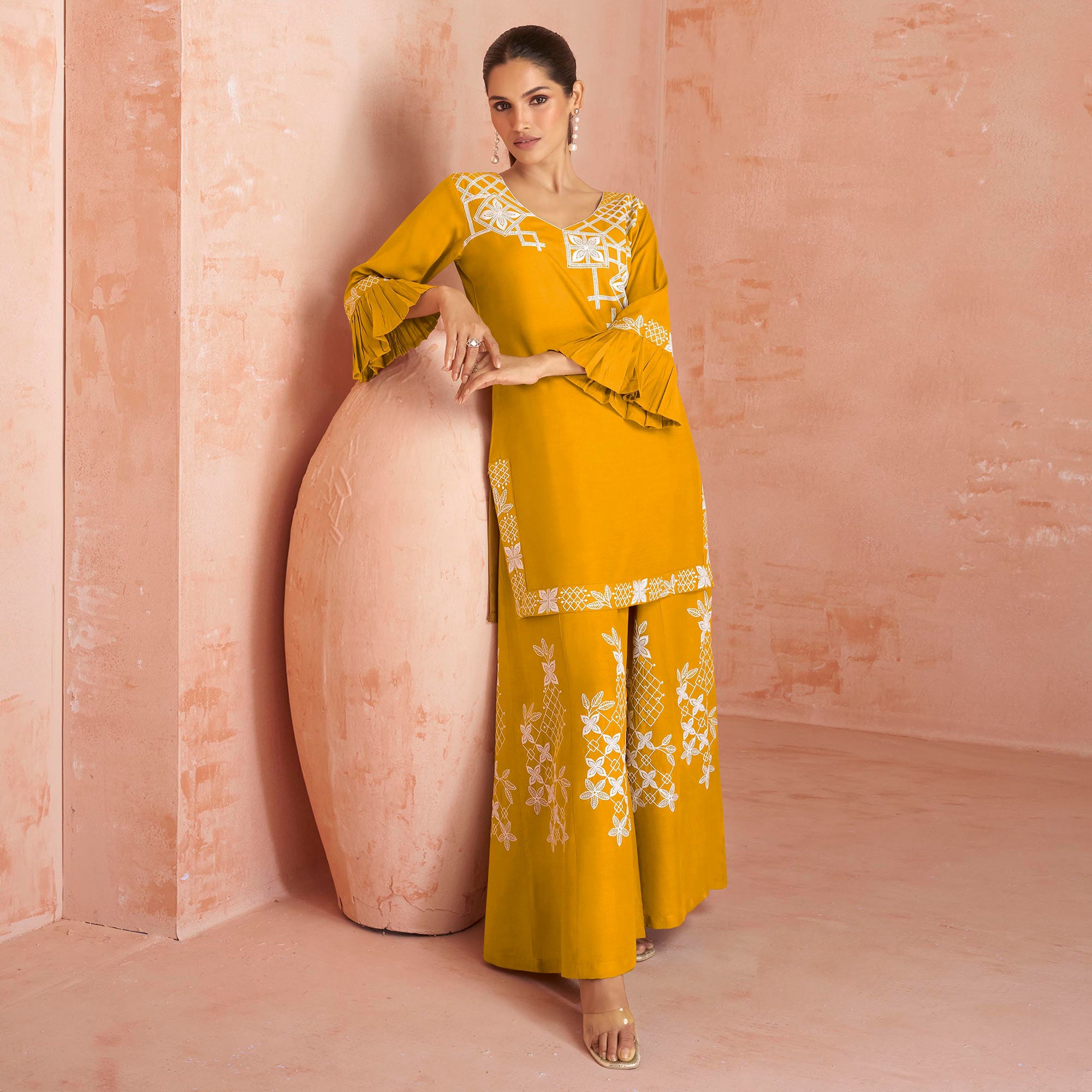 Mustard Floral Embroidered Rayon Kurti Palazzo Suit