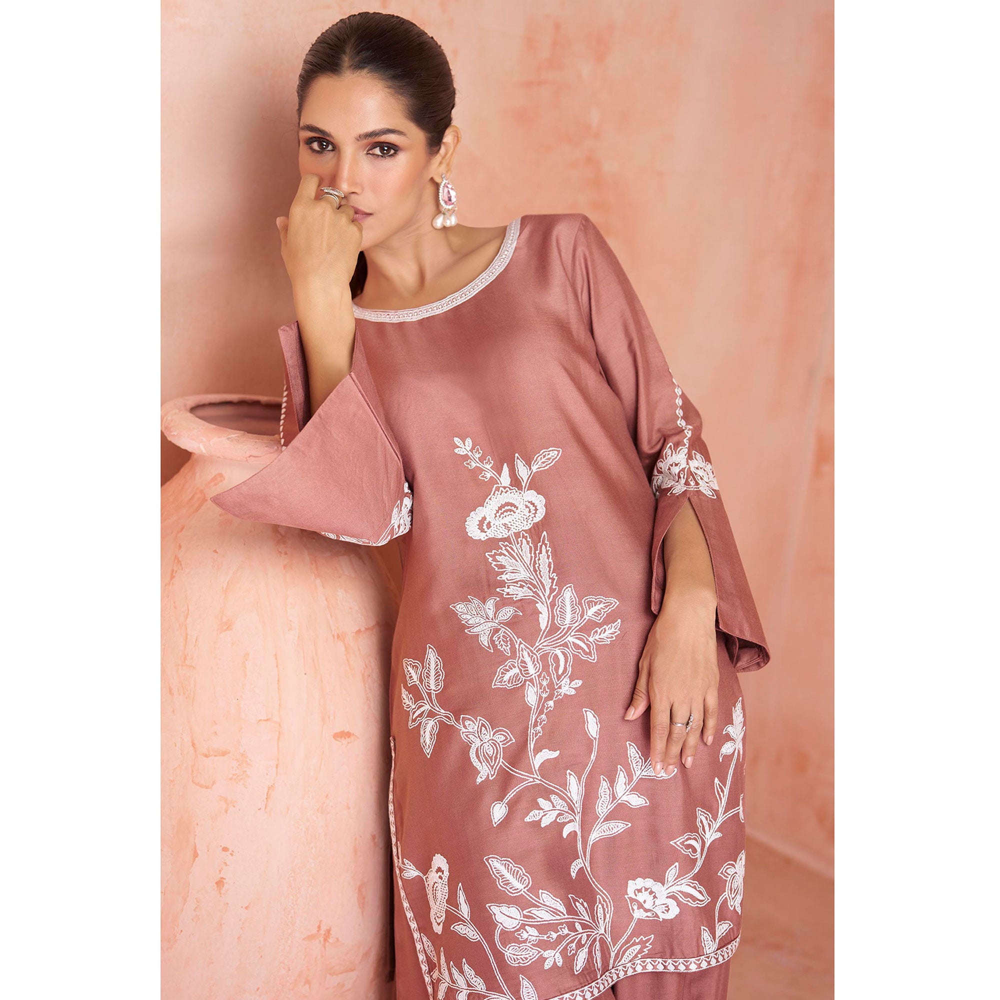 Copper Rust Floral Embroidered Rayon Kurti Palazzo Suit