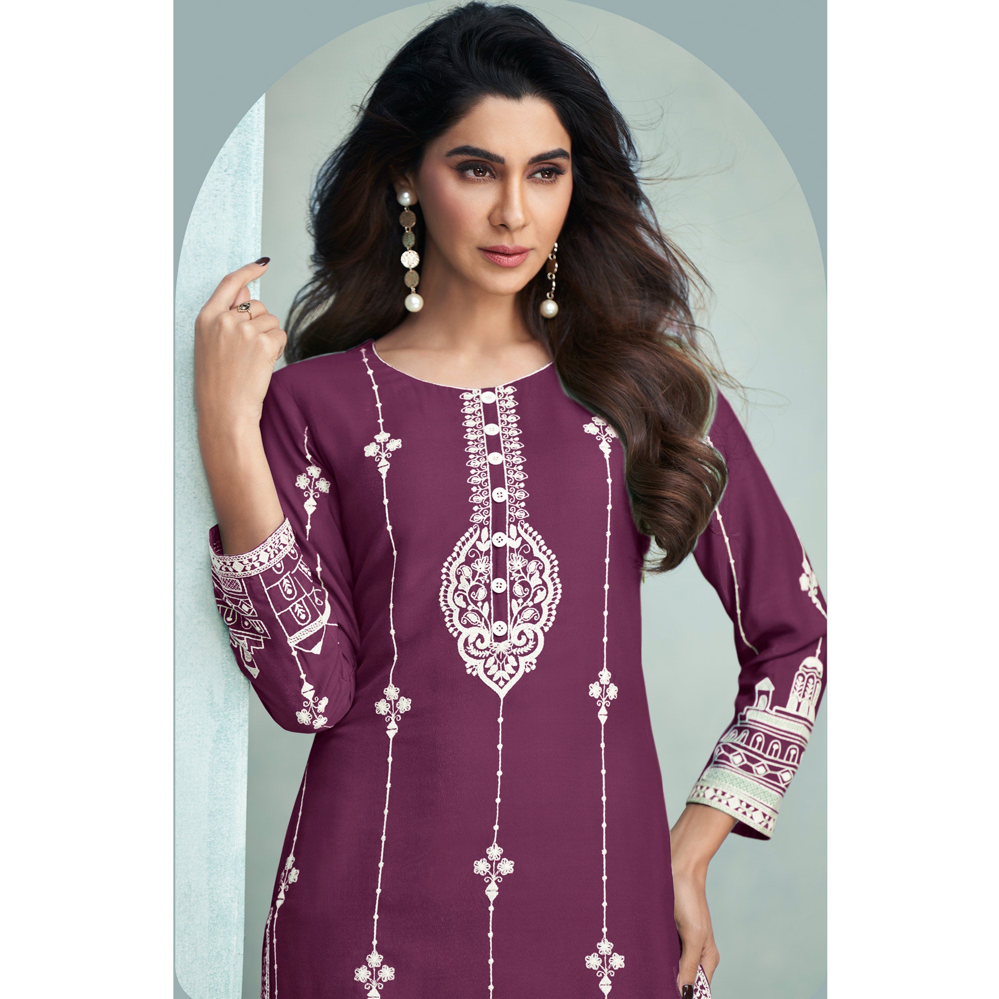 Wine Lucknowi Embroidered Rayon Kurti