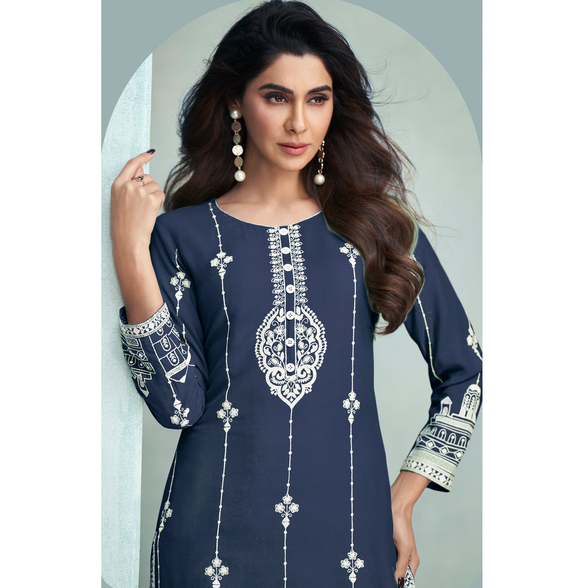 Blue Lucknowi Embroidered Rayon Kurti