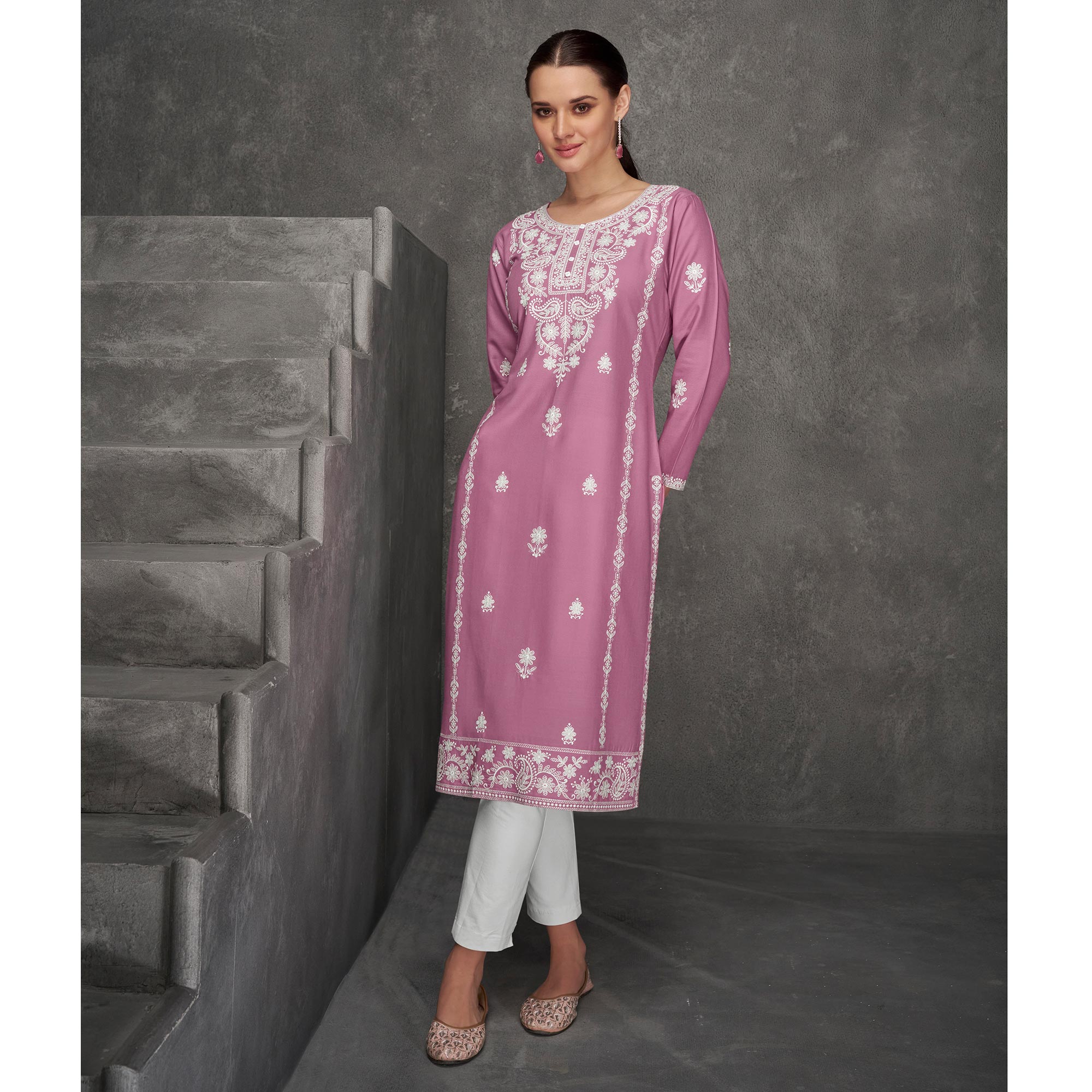 Pink Floral Embroidered Rayon Straight Kurti