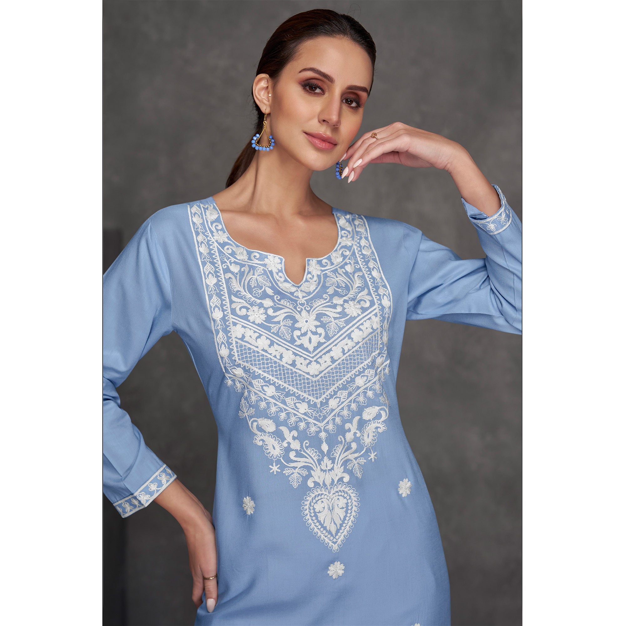 Sky Blue Floral Embroidered Rayon Straight Kurti