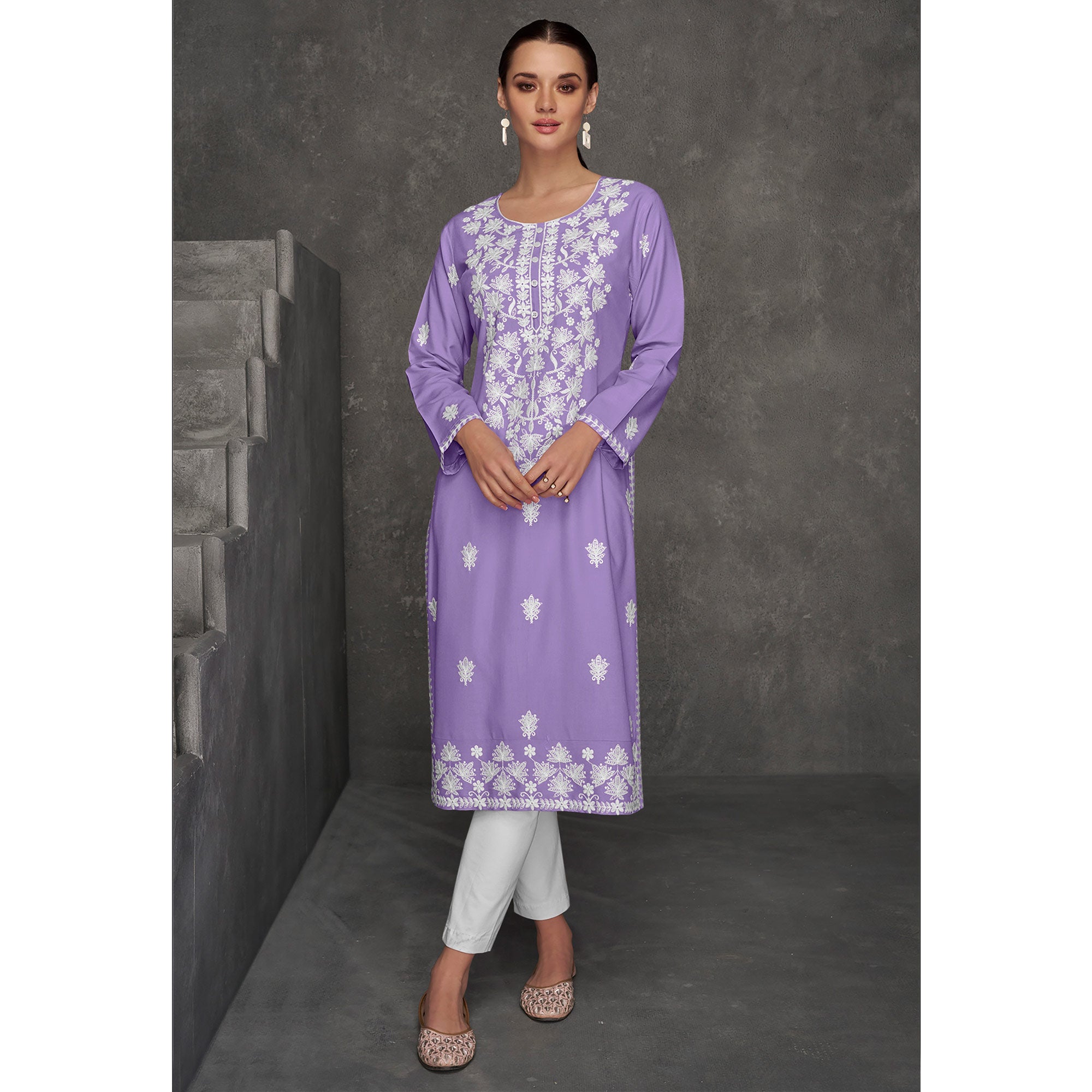 Lavender Floral Embroidered Rayon Straight Kurti