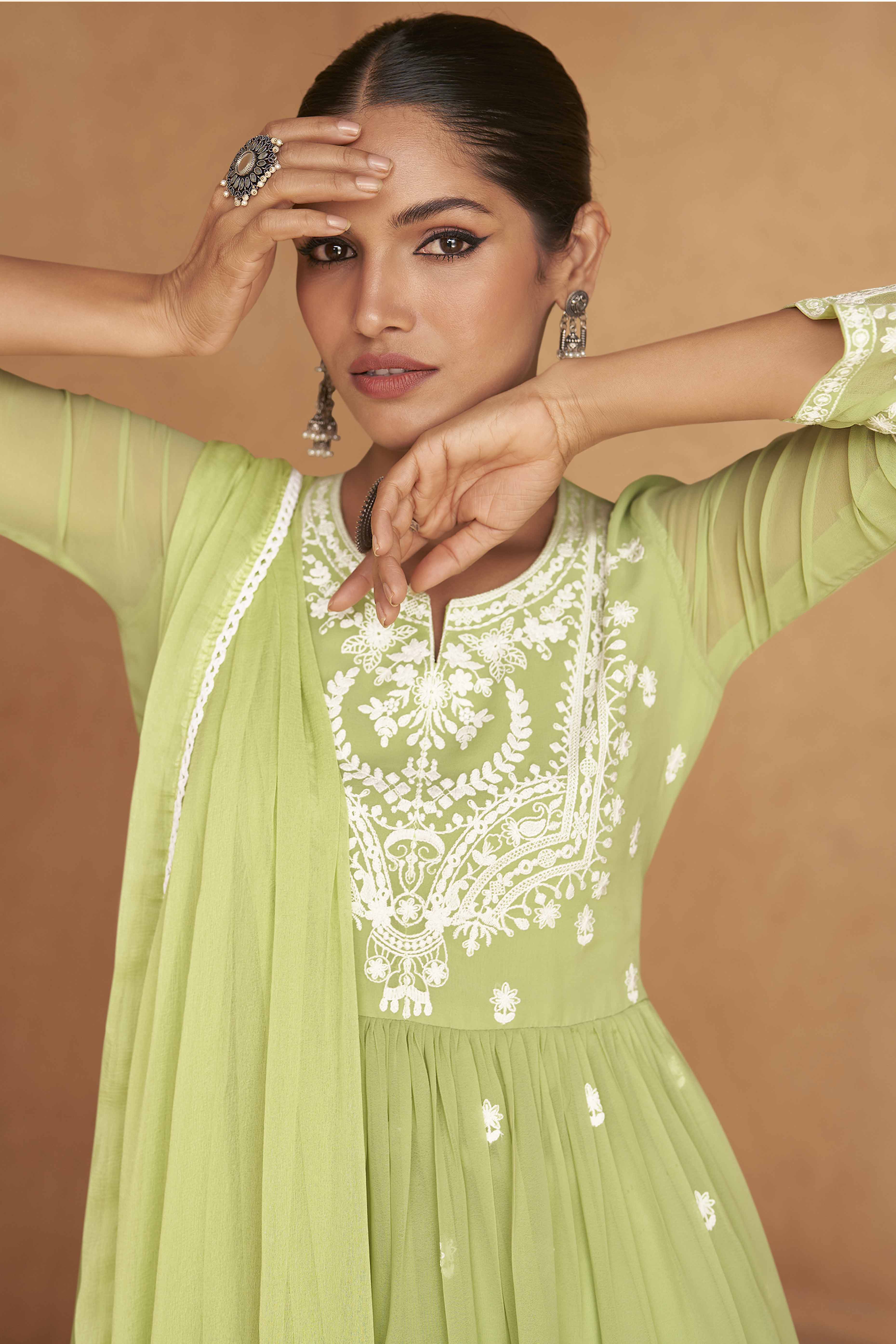 Green Rayon Palazzo Suit with Intricate Lucknowi Work