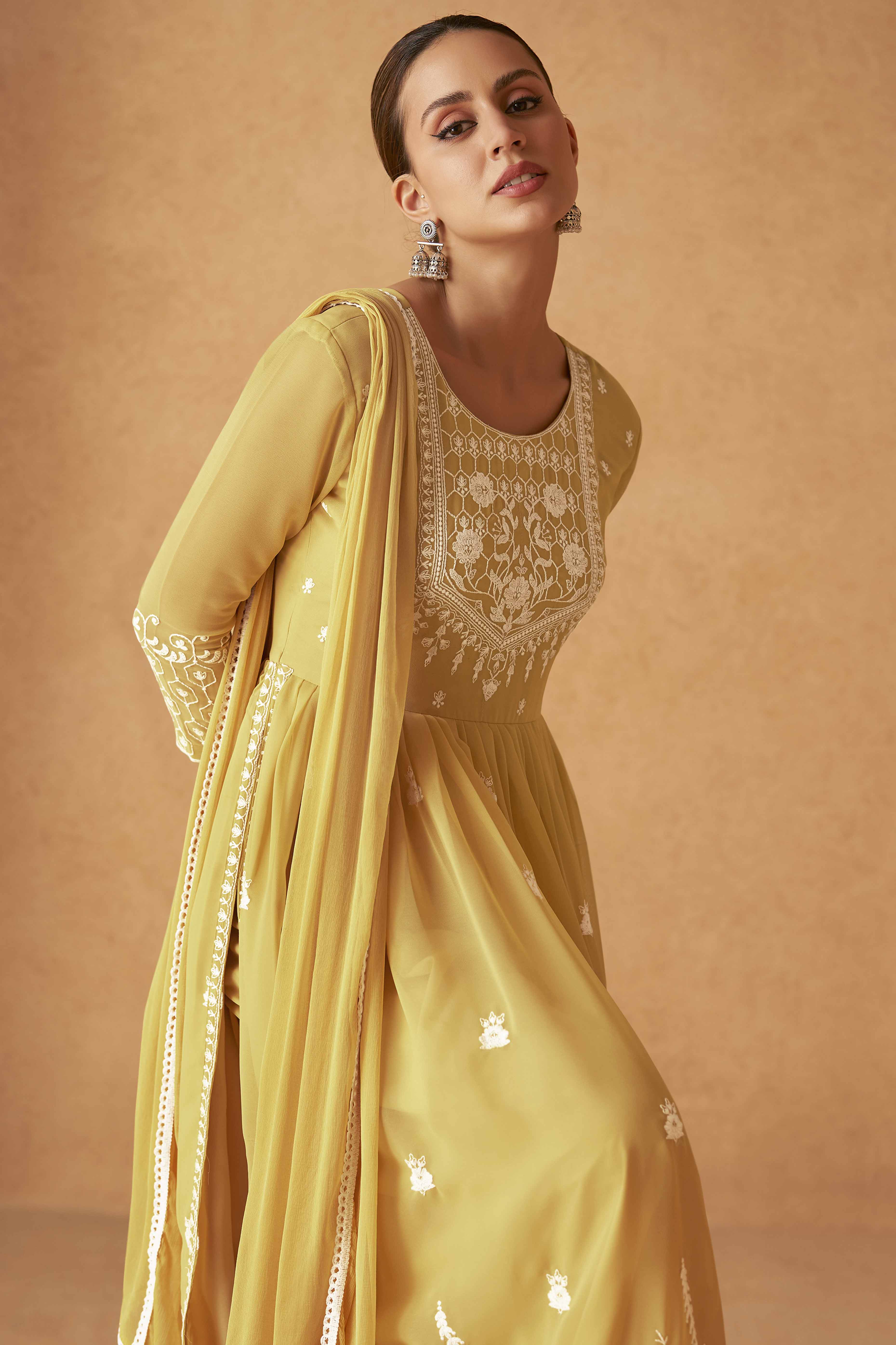 Mustard Rayon Palazzo Suit with Intricate Lucknowi Work