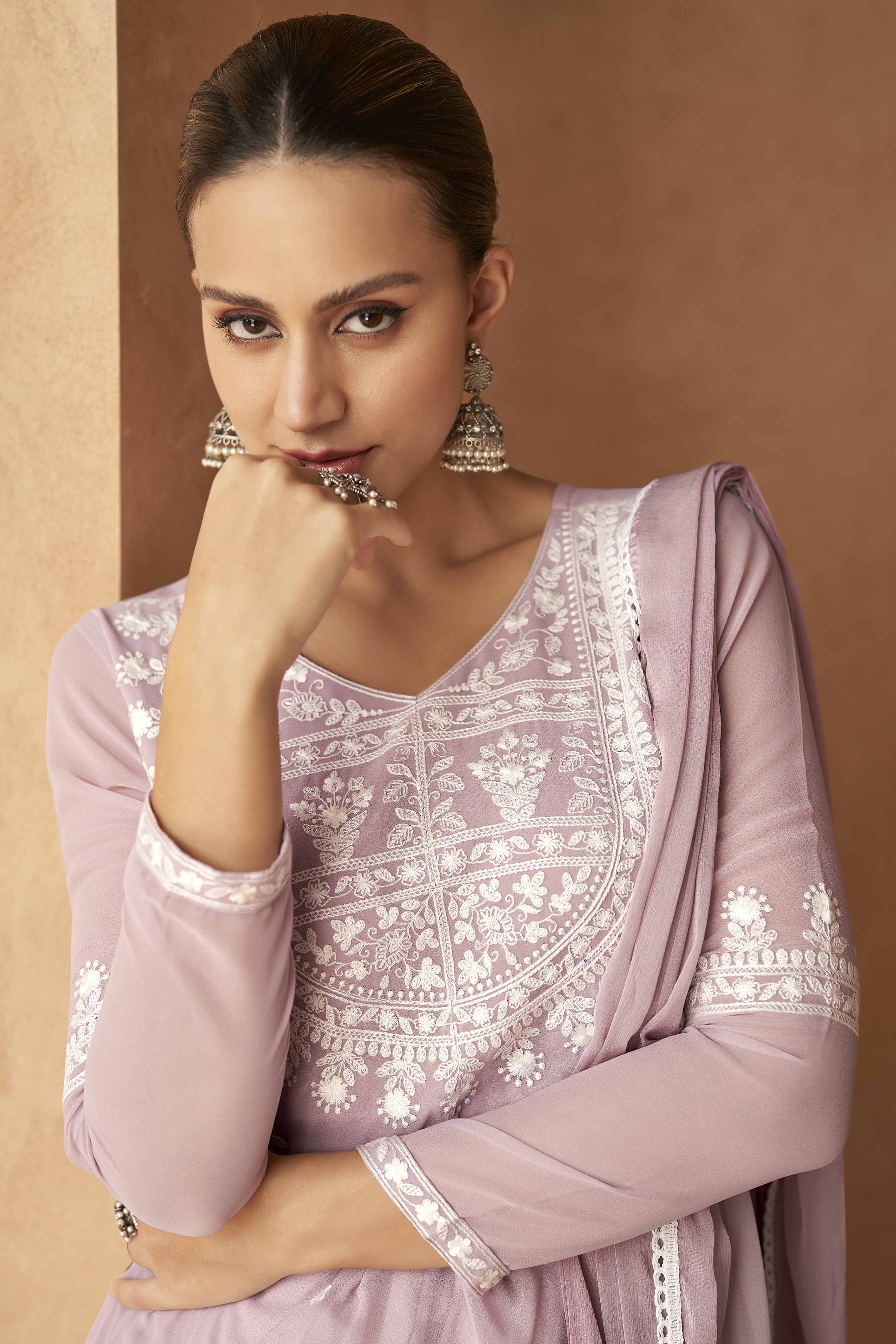 Lavender Rayon Palazzo Suit with Intricate Lucknowi Work