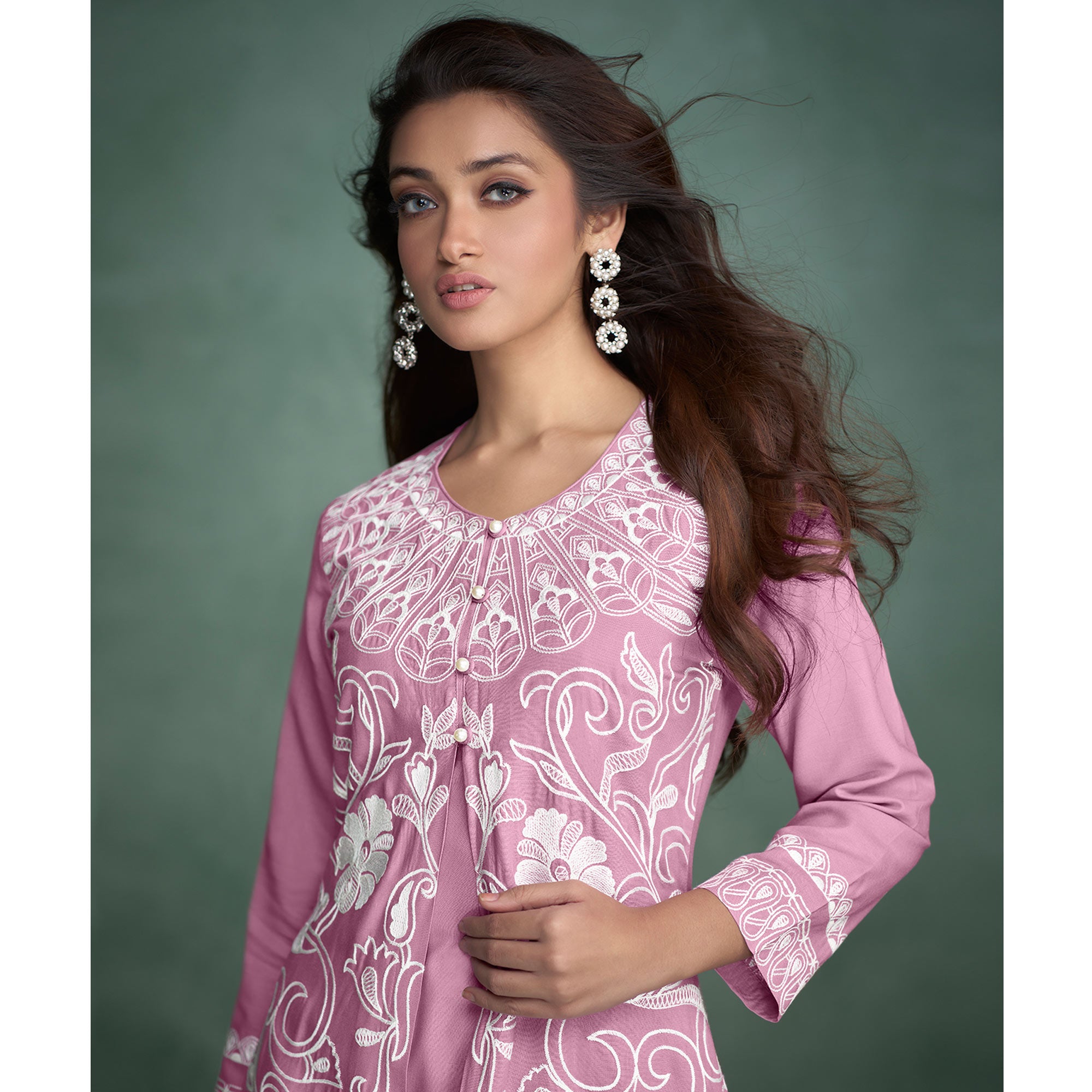 Pink Floral Embroidered Rayon Kurti Jacket Co Ord Set