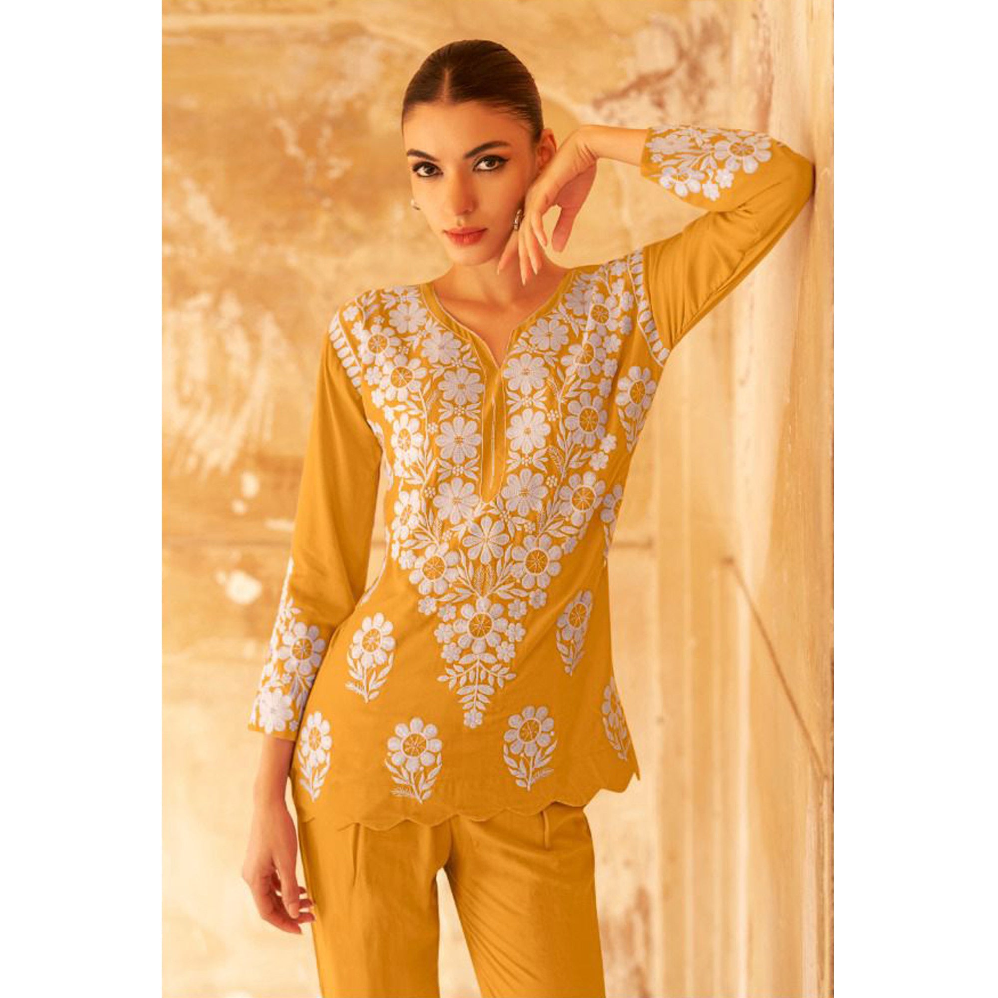 Mustard Floral Embroidered Rayon Co Ord Set