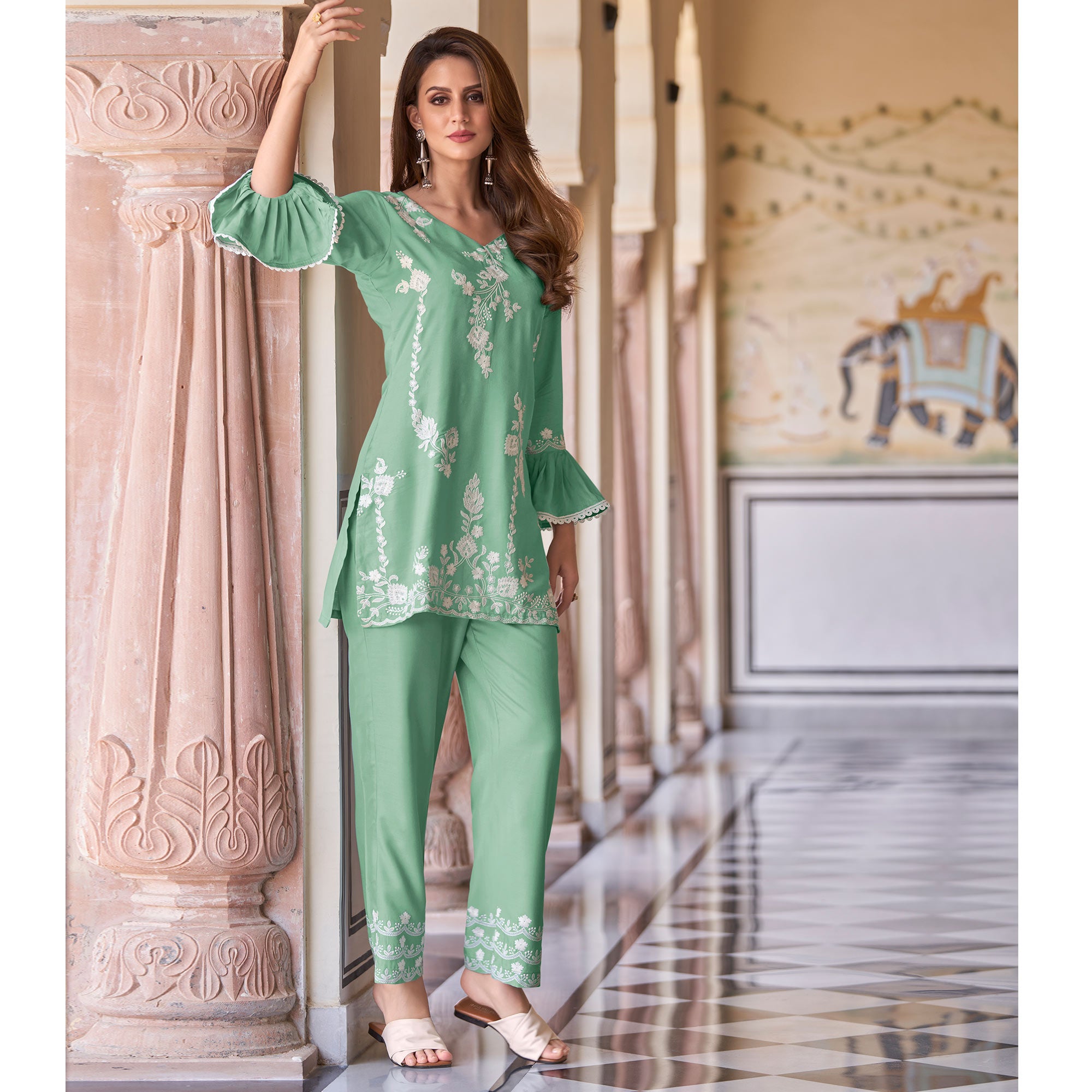 Green Floral Embroidered Rayon Co Ord Set