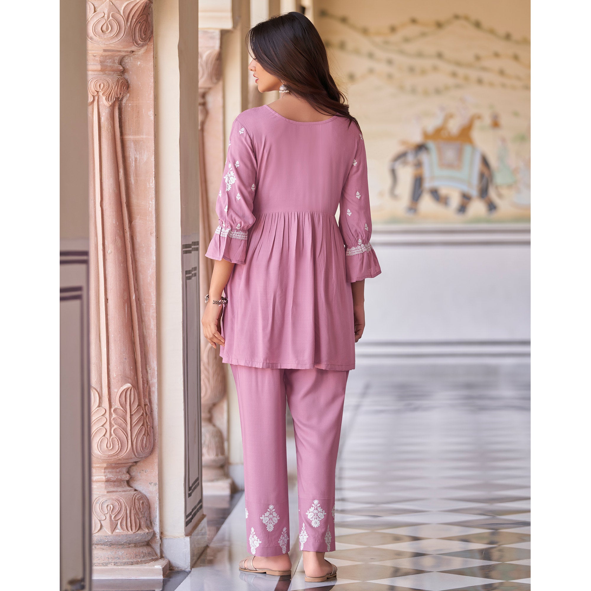 Light Pink Floral Embroidered Rayon Co Ord Set