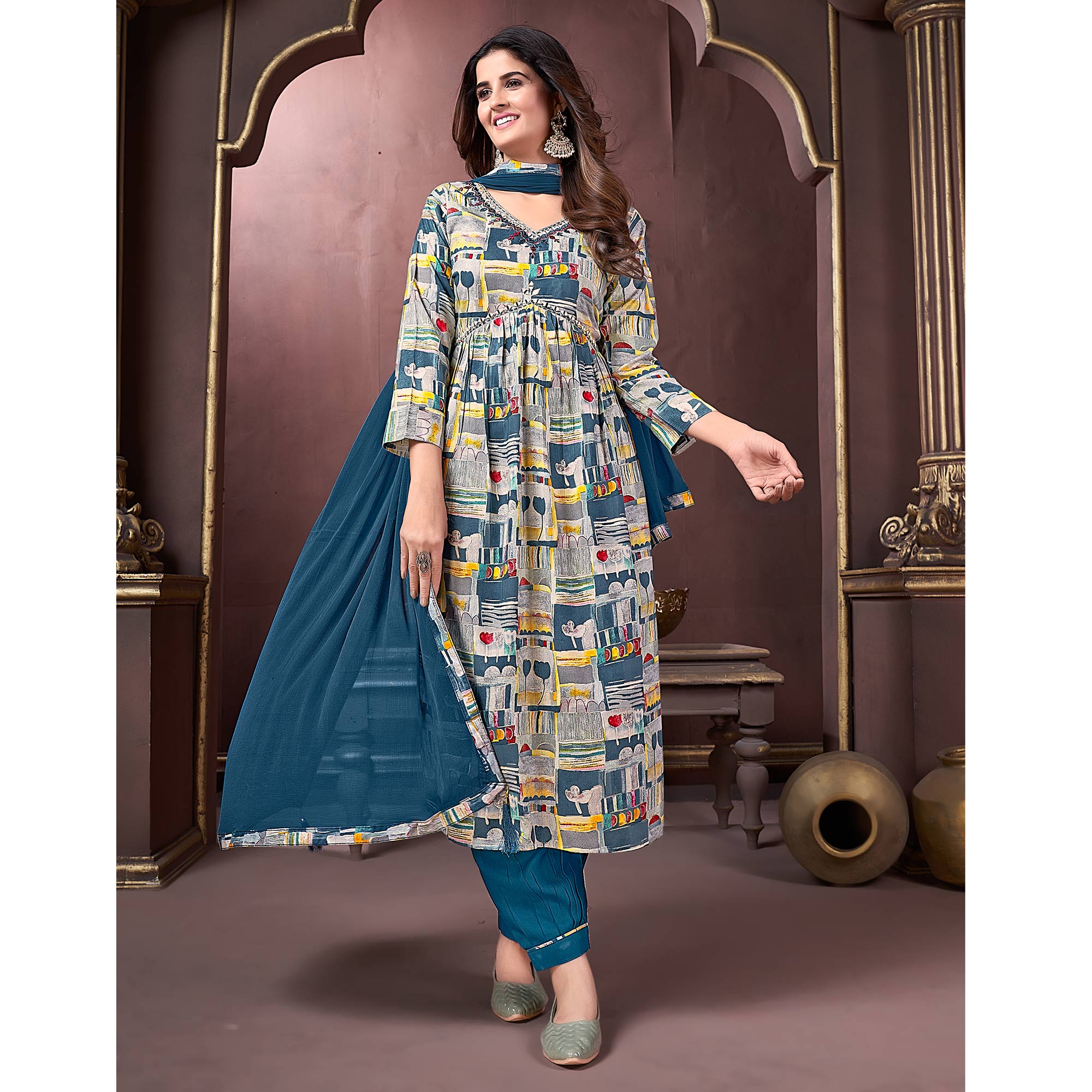 Grey & Teal Floral Printed Rayon Alia Cut Salwar Suit